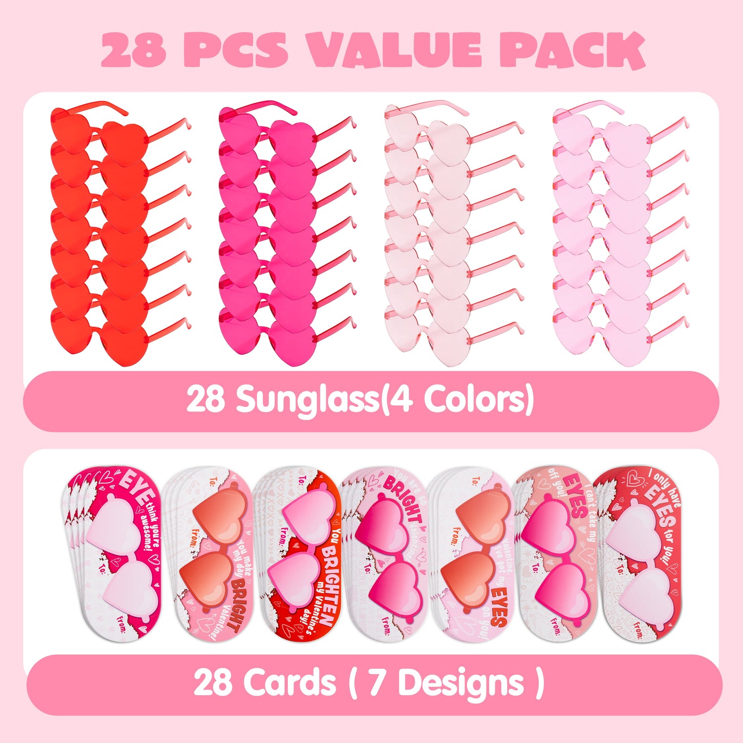 28 Packs Valentine's Day Cards with Heart Shaped Sunglasses for Kids, Valentines School Classroom Exchange Gifts, Valentines Party Favors