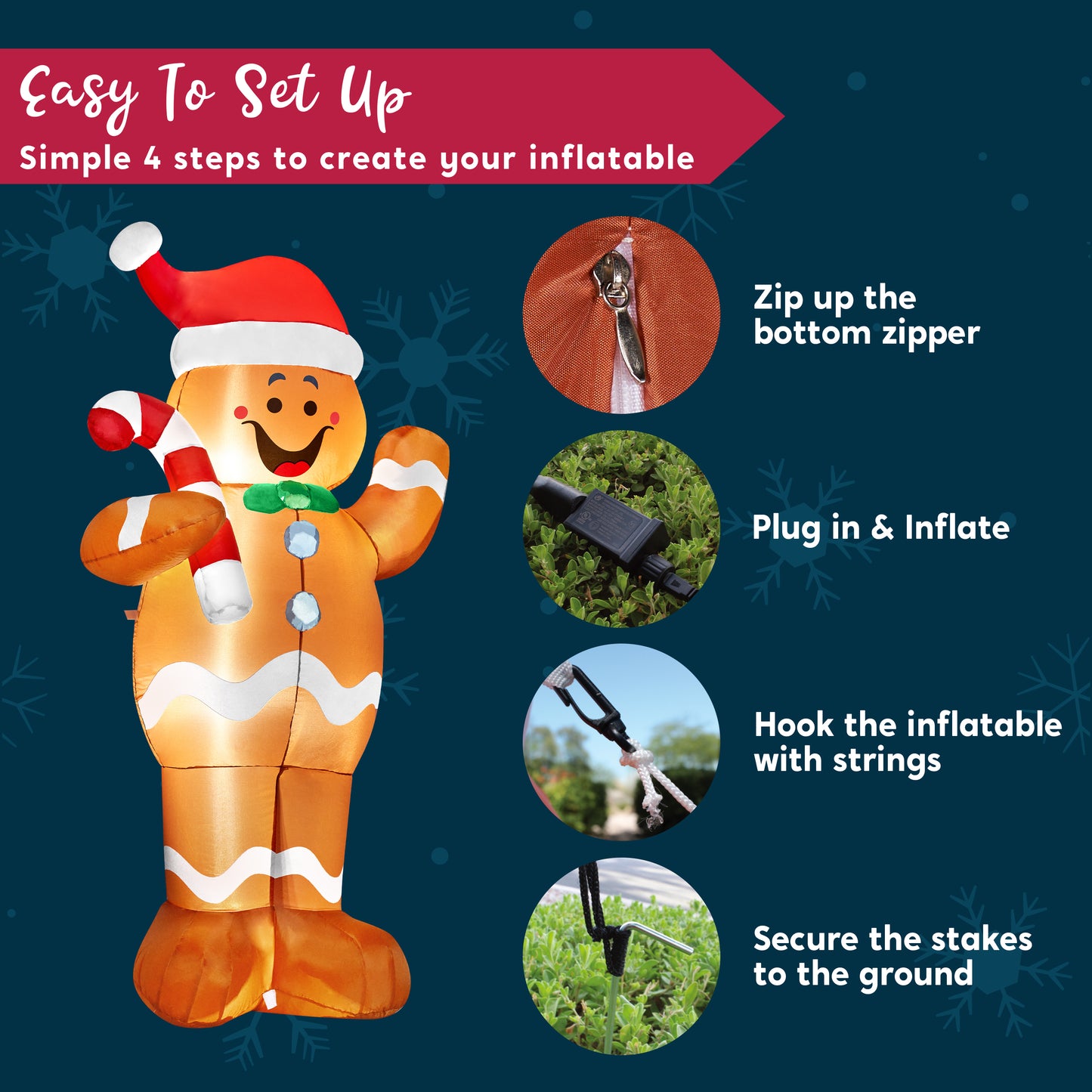 Joyfy 5 ft Christmas Inflatables Gingerbread Outdoor Decorations,Gingerbread Man Blow Ups with Built-in LEDs for Holiday Party Garden Lawn Yard Decor