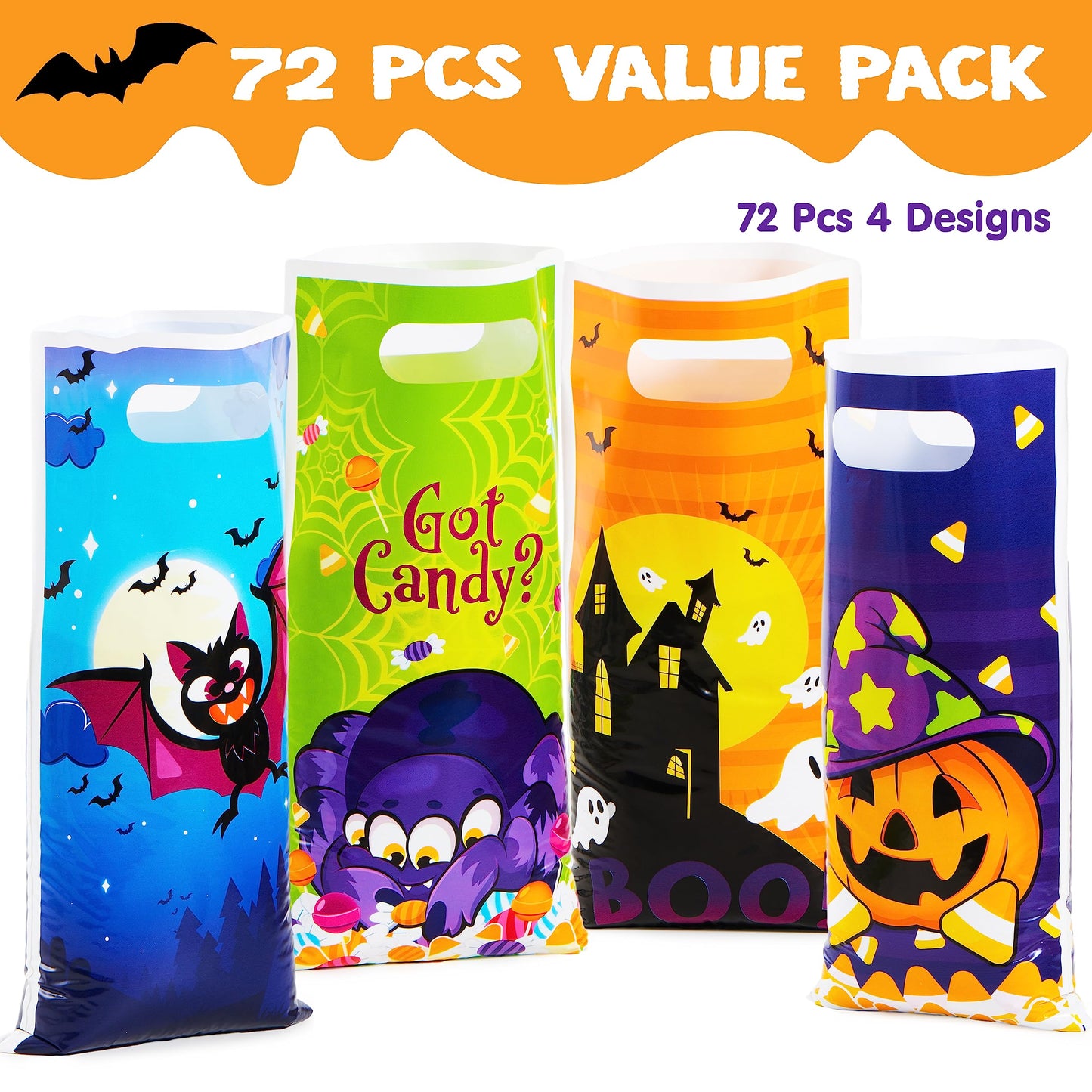 Joyfy 72 Pcs Halloween Treat Bags Goodie Bags Plastic Halloween Candy Bags Trick or Treat Creepy Designs Halloween Bags for Kids Trick or Treat,Classroom Goody Bags