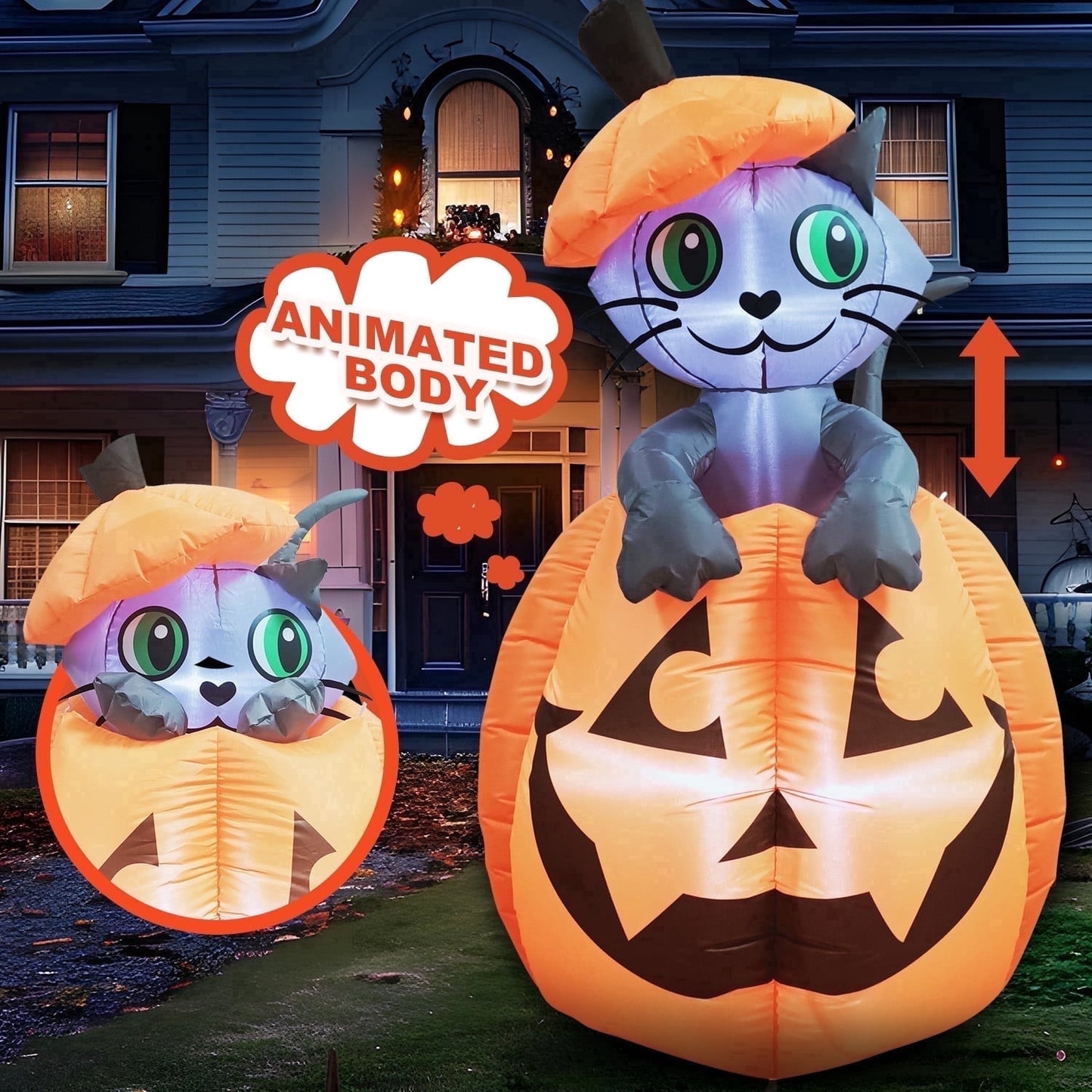 Joyfy 5 ft Halloween Inflatable Animated Cat on Pumpkin,Halloween Outdoor Decoration with LED Lights,Blow Up Decoration for Yard & Lawn,Party