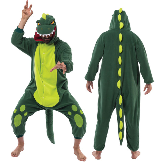 Joyfy Adult Plush Dinosaur Costume, Halloween Onesie Green Horror Pajamas, Dinosaur Hoodie Costume for Cosplay Theme Party
