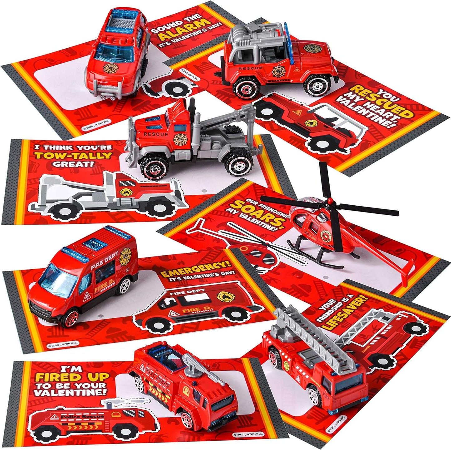 28 Packs Valentines Day Cards with DieCast Fire Rescue Vehicles Toys for Kids Valentine Party Favor, Classroom Exchange Prize and Gifts for Boys, Valentine’s Greeting Cards