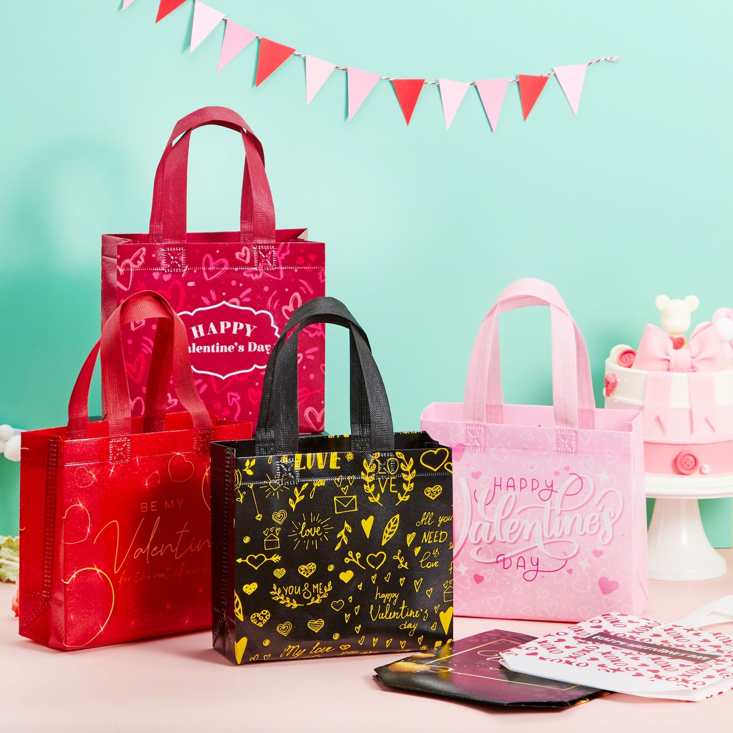 12 Pcs Valentine's Day Non-Woven Gift Bags with 6 Designs for Kids Party Favor, Classroom Exchange Prizes, Reusable Tote Bags For Present Wrapping