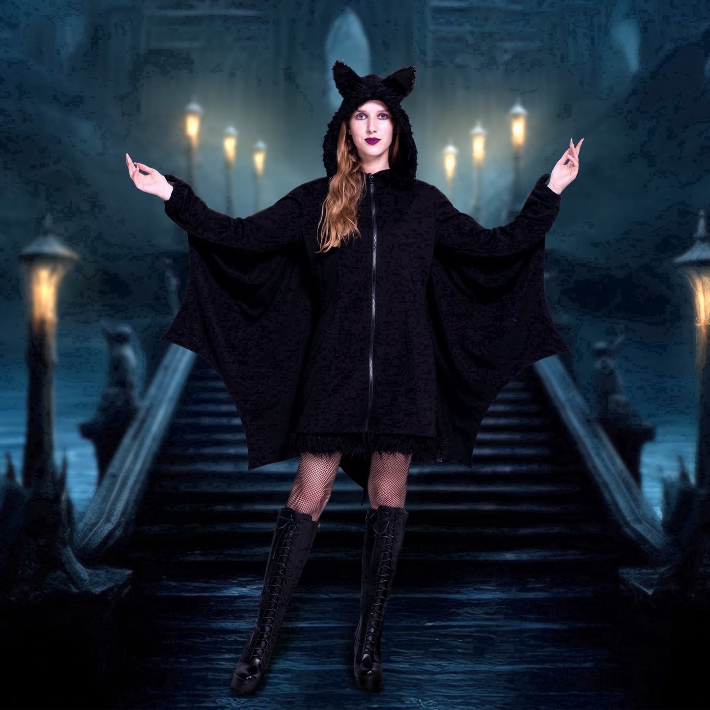 Joyfy Women¡®s Black Bat Costume with Attached Ears for Halloween Party Cosplay and Themed Dress Up