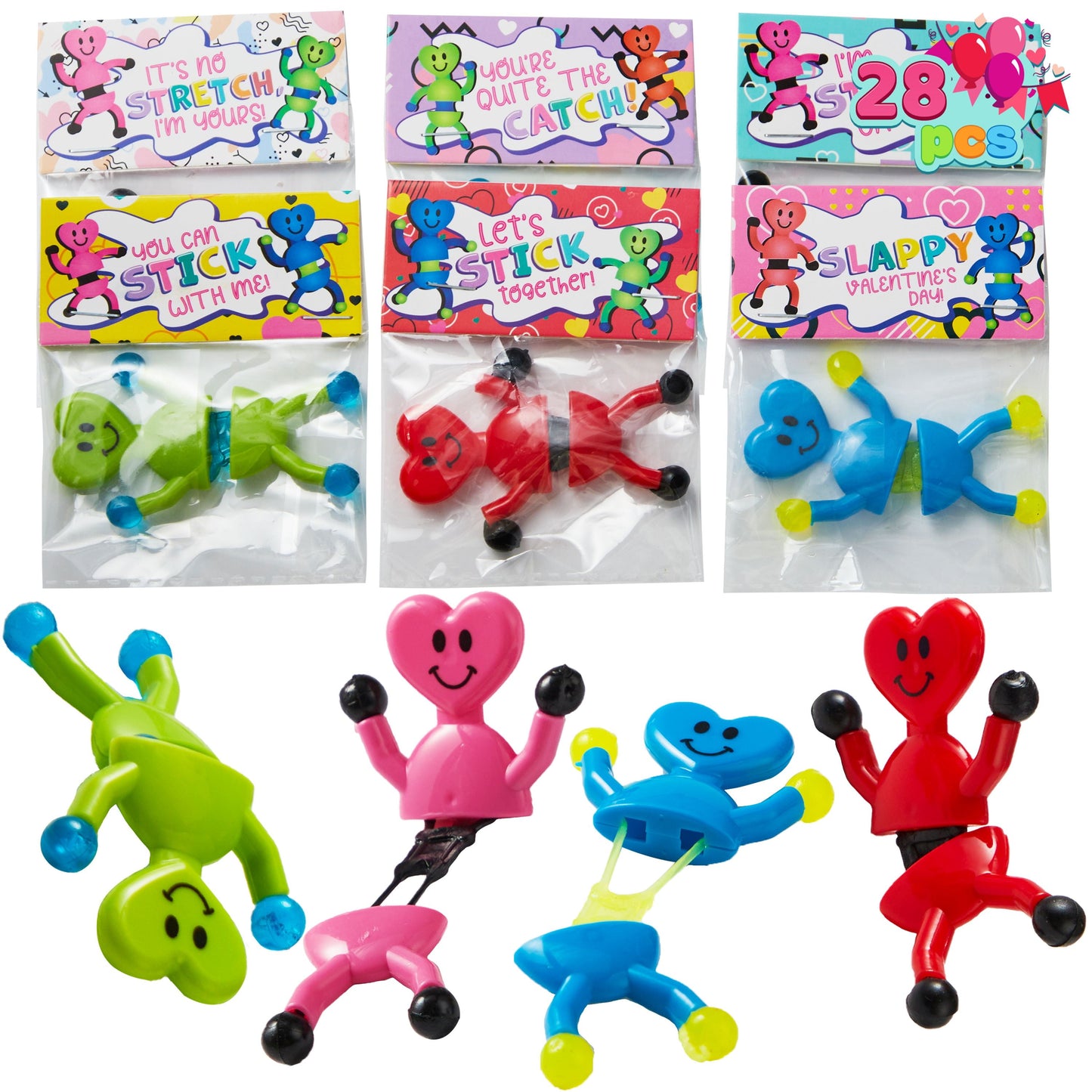 28 Pack Valentine's Day Sticky Man Toys with Cards, Classroom Exchange Gift for Kids, Classroom Holiday Reward Prizes, Valentine’s Party Favors, Sticky Wall Climbing Men, Stress Relief Toys