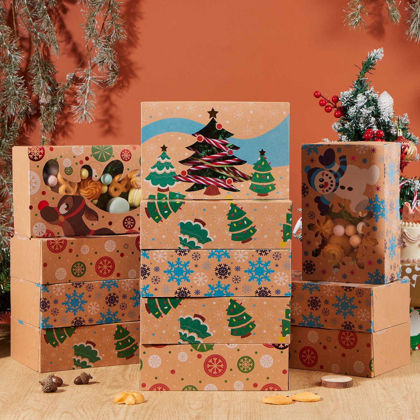 Joyfy 12 Pcs Foiled Christmas Cookie Boxes with Window 8.5" x 5.75" x 2.75", Treat Boxes for Pastries, Cupcakes, Brownies, Gift-Giving, Doughnut and Cookie, Brown Kraft Bakery Boxes