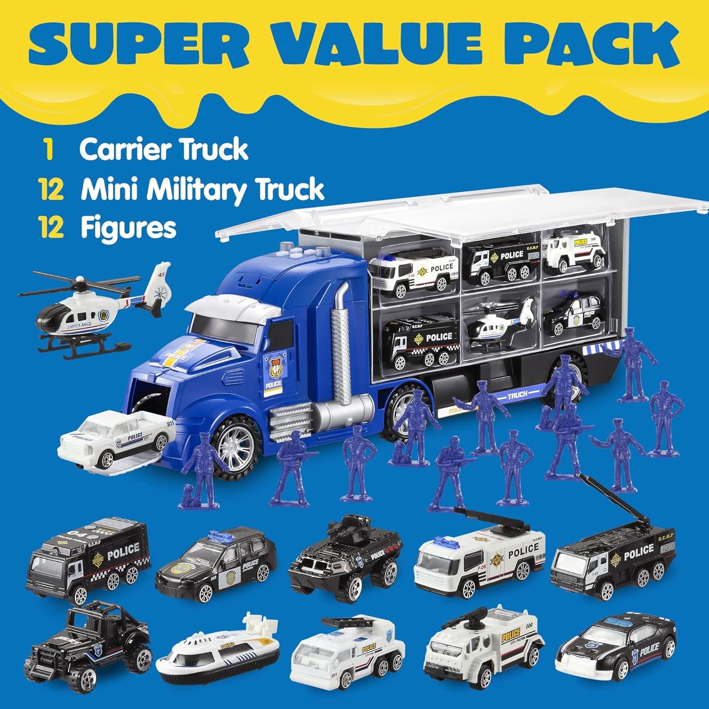 Joyfy 25 in 1 Die-cast Police Rescue Truck Car Toy Set with Sounds and Lights, Mini Police Vehicles in Carrier Truck, Play Police Patrol Rescue Vehicle Toy, Birthday Gifts for Over 3 Years Old Boys