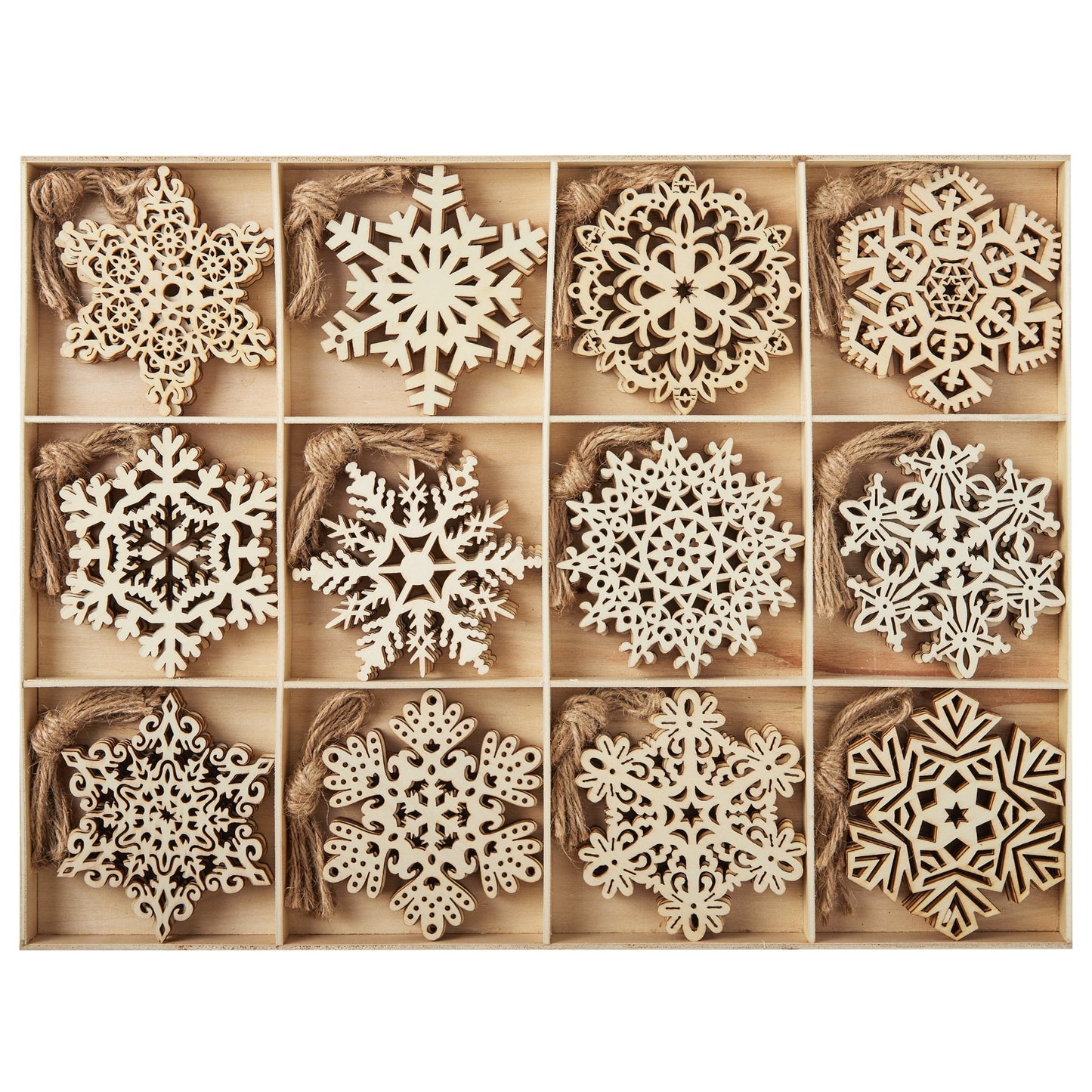 60 Pcs Wooden Snowflake Ornaments for Christmas Tree Decoration and Holiday Party Favors