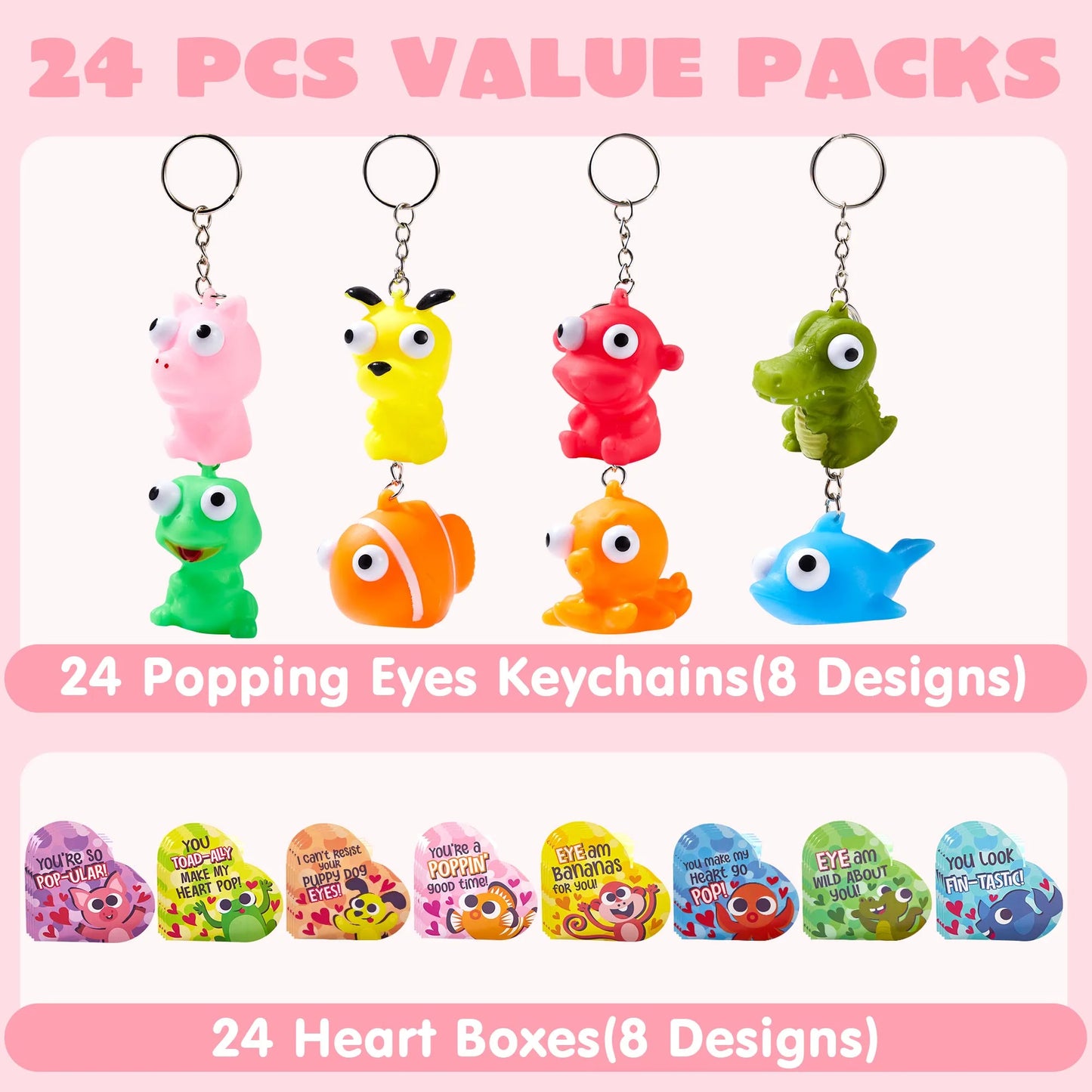 48pcs (24 Valentines Cards with 24 Pop Eye Animal Keychains) for Kids, Valentines Gifts with Heart Boxes, Fidget Valentines Toys for Kids School Class Exchange, Stress Relief Toys