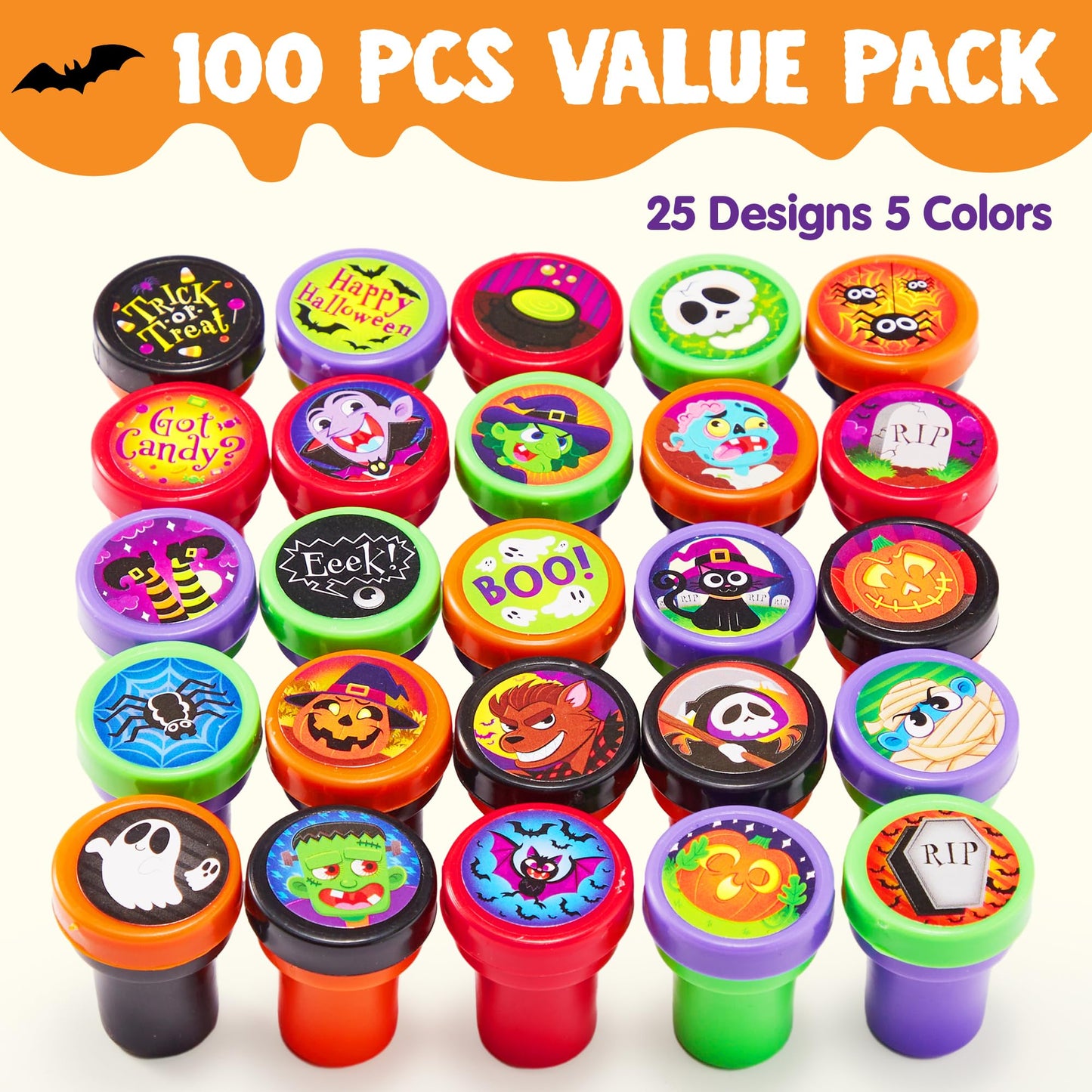 SYNCFUN 100 Pcs Halloween Assorted Stamps for Kids,Halloween Stampers Halloween Stuff Halloween Goodies Bags Prizes,Halloween Toys for Trick or Treaters Gift,Basket Stuffers