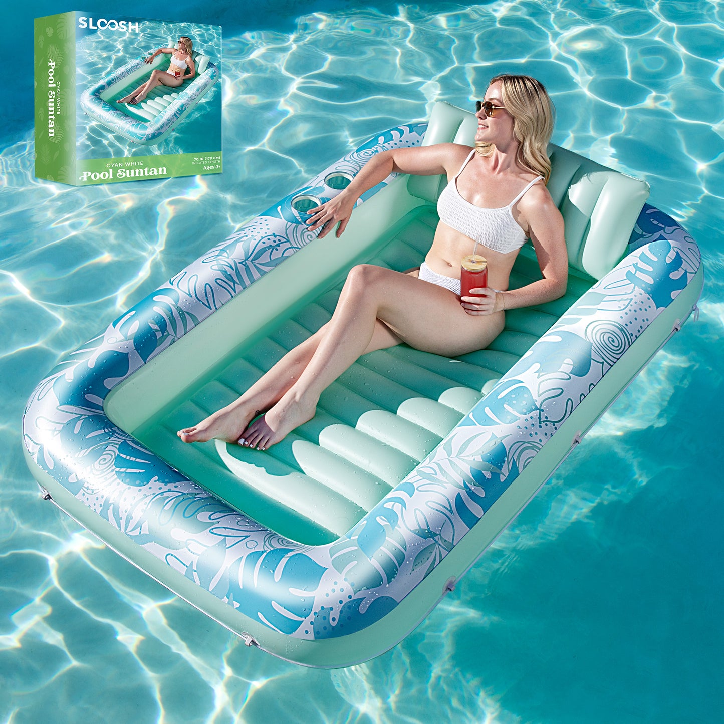 Sloosh Inflatable Tanning Pool Lounger Float, 70" x 46" Large Suntan Tub with Pillow, Water Raft Floatie For Kids & Adults, Green