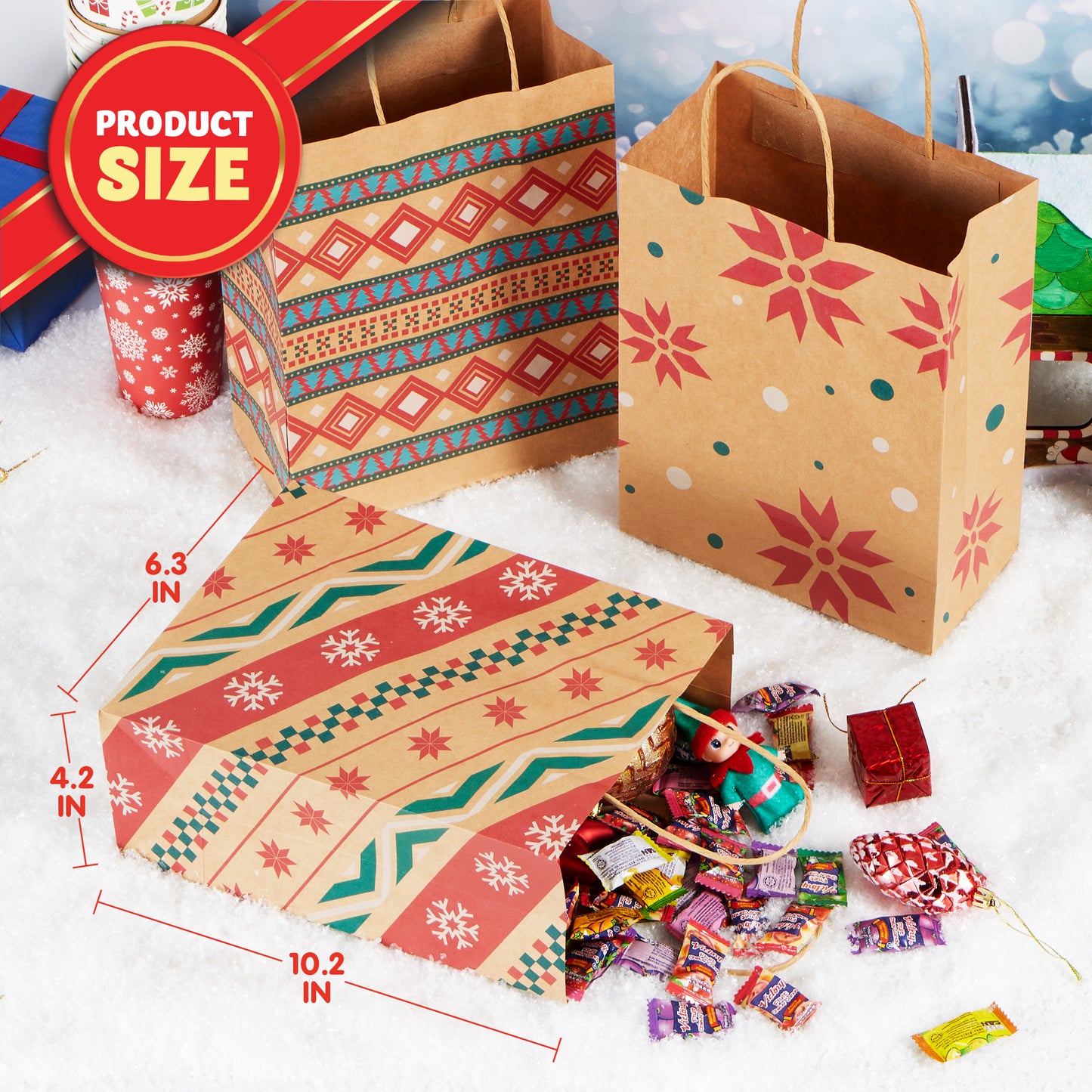 Joyfy 24 Pcs Christmas Present Bags, Kraft Bags with Handle for Christmas Party Favors, Gift Giving, Holidays Decorations, Xmas Treat Bags