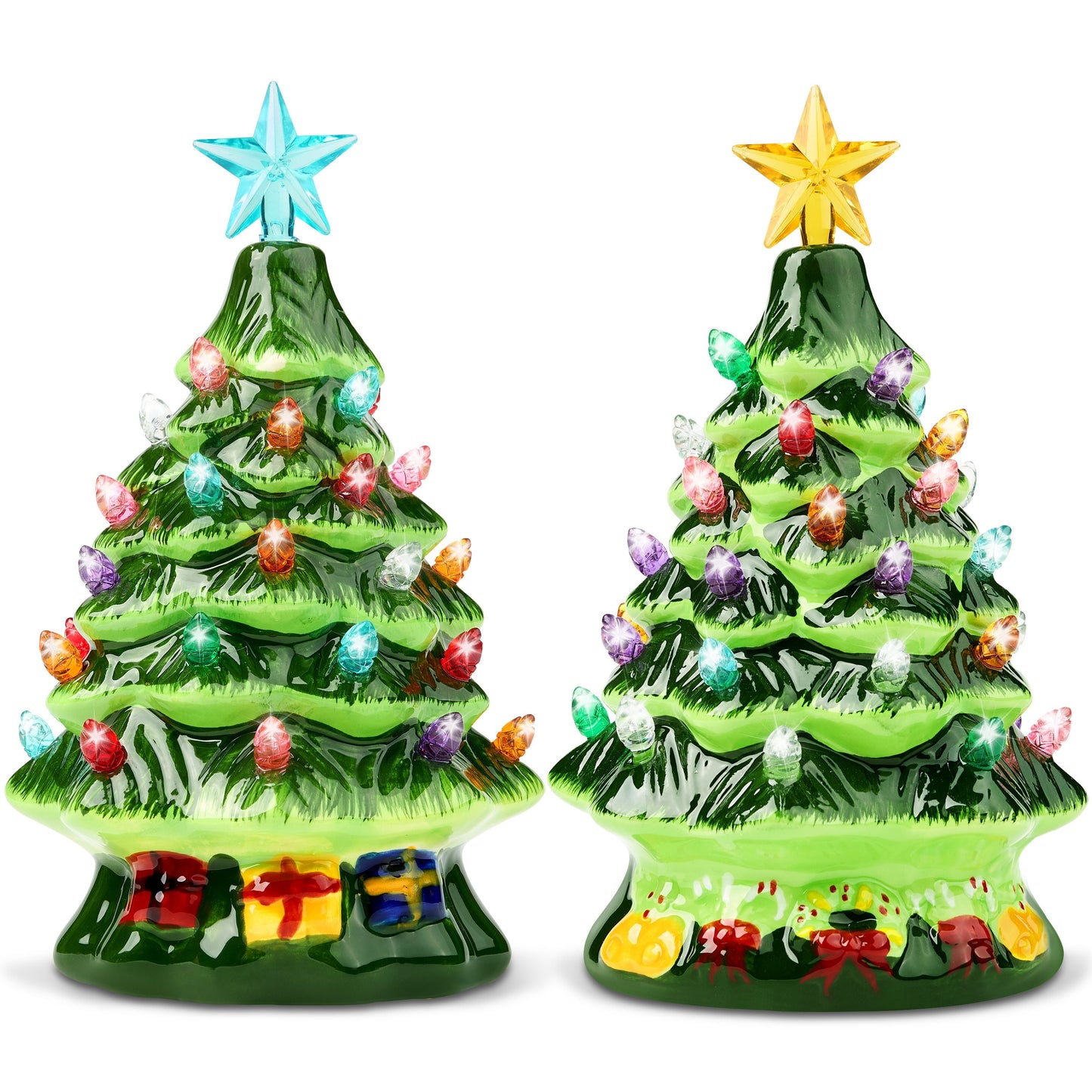 Joyfy 2 Pcs 7" Small Ceramic Christmas Tree,Prelit Ceramic Christmas Tree with Lights and Top Star,Table Top Christmas Tree Decorations,Holiday Tree
