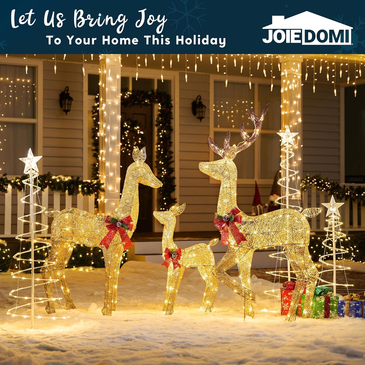 Joyfy 3 Pack Reindeer Christmas Outdoor Yard Light Decorations,360 LED Lights Deer Family for Christmas Outside Lawn Decor,Glod