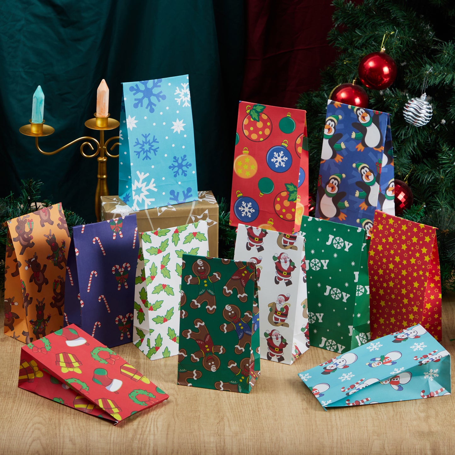 Joyfy 72 Pcs Christmas Holiday Gift Bags, 12 Assorted Christmas Designs Goodie Bags for Classrooms, Party Favors, Small Gift Bags, Kraft Bags and Christmas Craft Bags