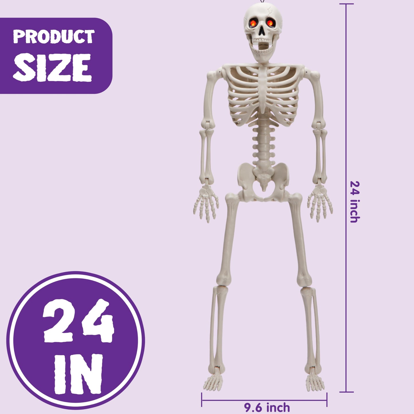 Joyfy 24 Inch Halloween Skeleton Decor with LED Light Eyes,Posable Skeleton Halloween Prop Full Body with Movable Joints for Haunted House Indoor Outdoor Decoration Spooky Decor