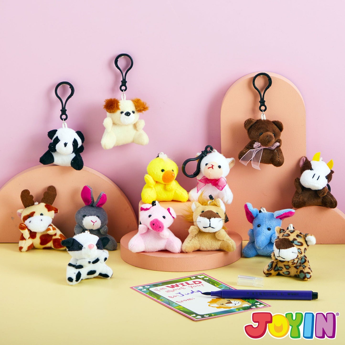 28 Pack Valentines Day Gifts Cards for Kids with Animal Plush Toy Key Chain Stress Relief Fidget Toy for Valentine's Classroom Exchange Cards and Valentines Party Favor