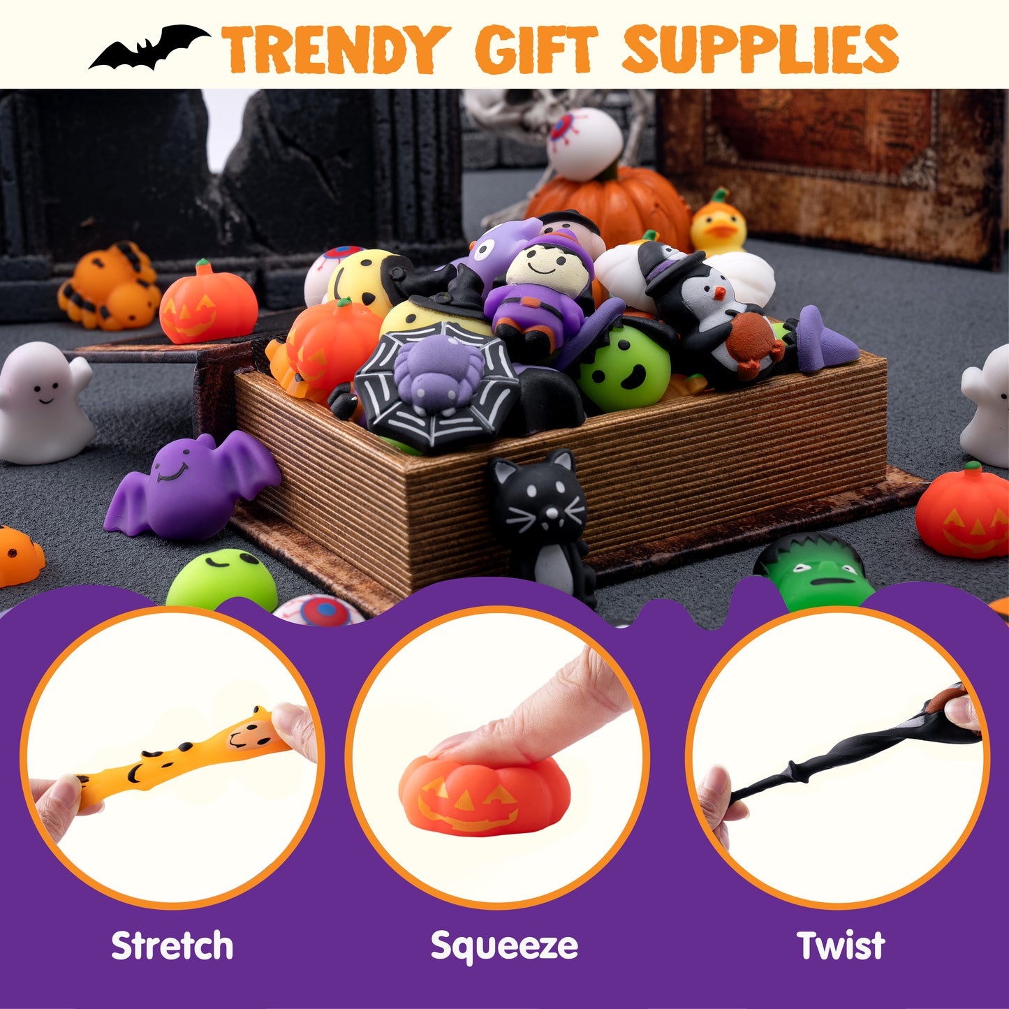 Joyfy 100 Pcs Halloween Mochi Squishy Toys,Squishy Toys for Kids,Halloween Classroom Favors Prizes Party Favors,Claw Machine Filler for Kids,Stress Relief Toys