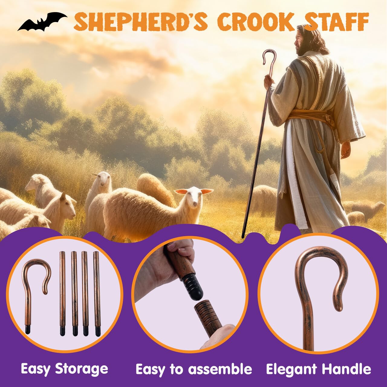 Joyfy 63 Inch Halloween Shepherd's Crooked Staff,Shepherd Crook Prop Cane for Cosplay and Dress Up Photo Prop Accessory Decorations Halloween Costume