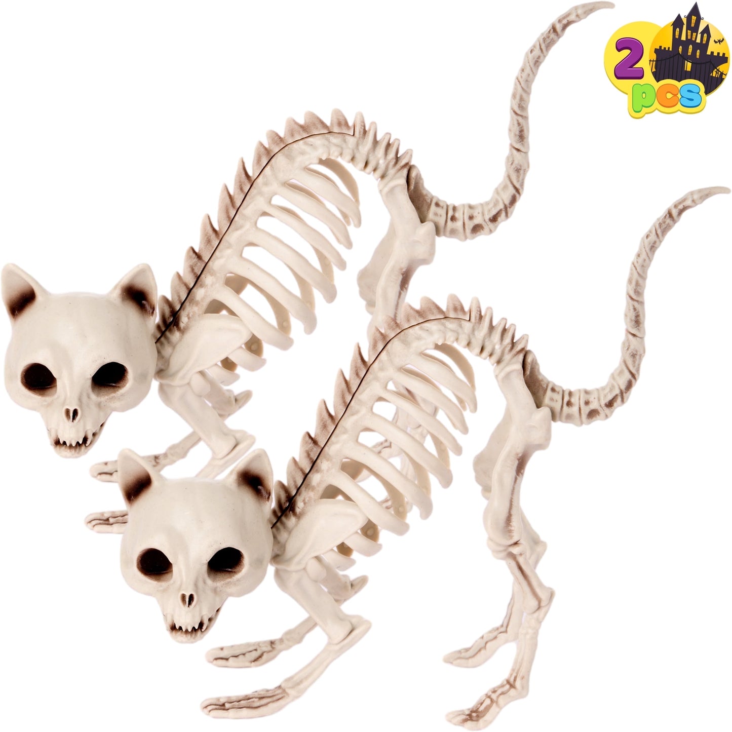Joyfy 2 Pcs Cat Skeleton Halloween Decoration,7 Inch Posable Plastic Animals Halloween Skeleton for Indoor Outdoor Halloween Decorations,Haunted House Party Props