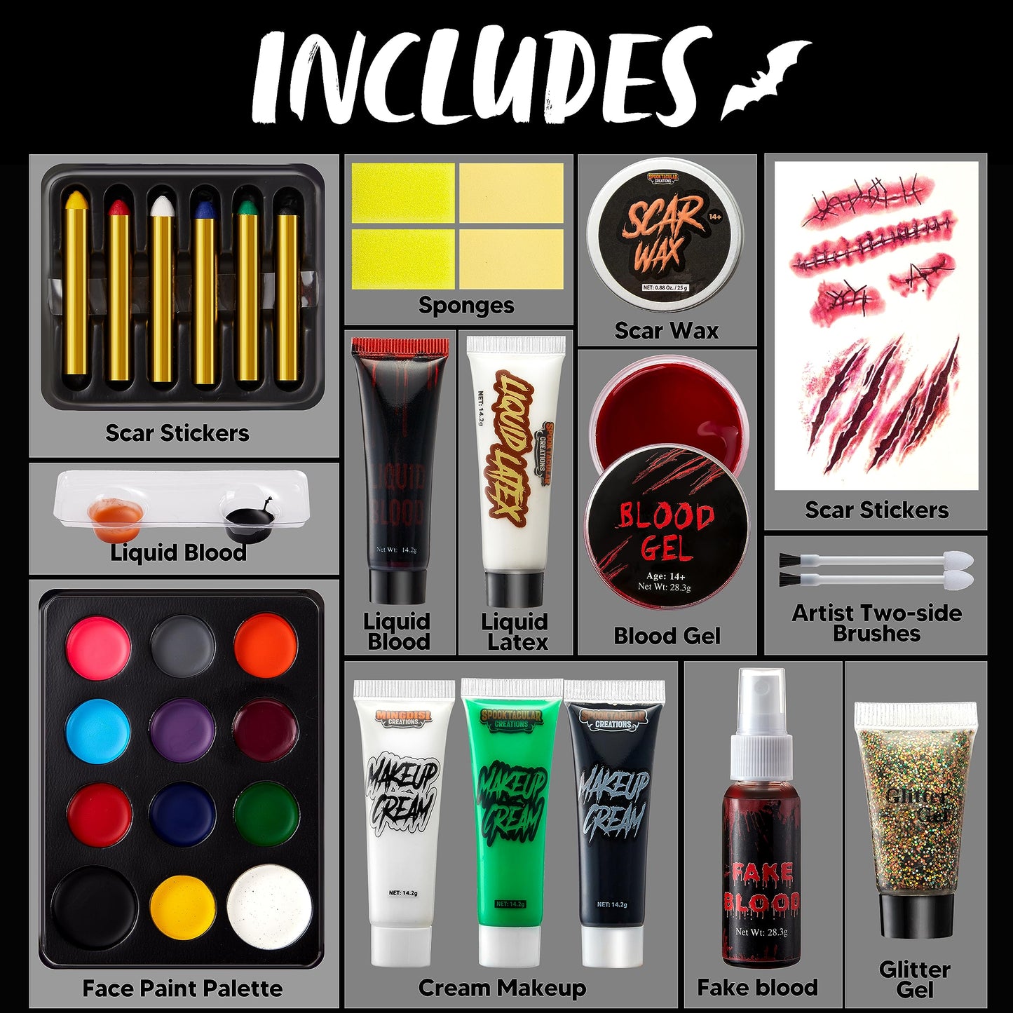Spooktacular Creations 25 PCS Halloween Family Makeup Kit, 12 Color Special Effect Face Body Paint, Halloween Costume Makeup, Zombie Cosplay, Wounds, Injuries & Blood for Halloween Party Supplies