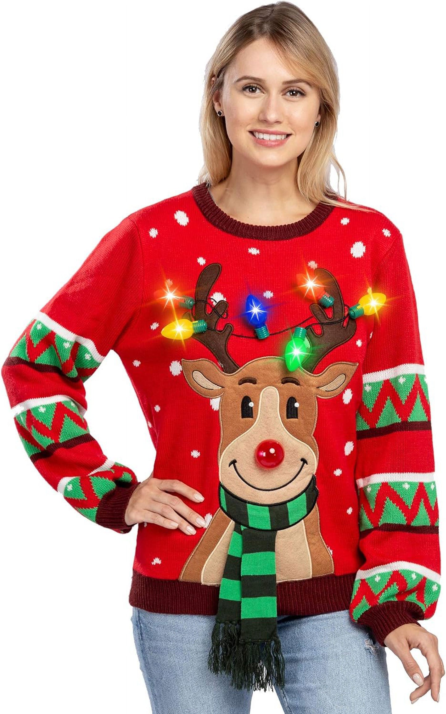 Joyfy Light Up Ugly Christmas Sweaters for Women,Funny LED Reindeer Christmas Sweater for Women,Holiday Sweater