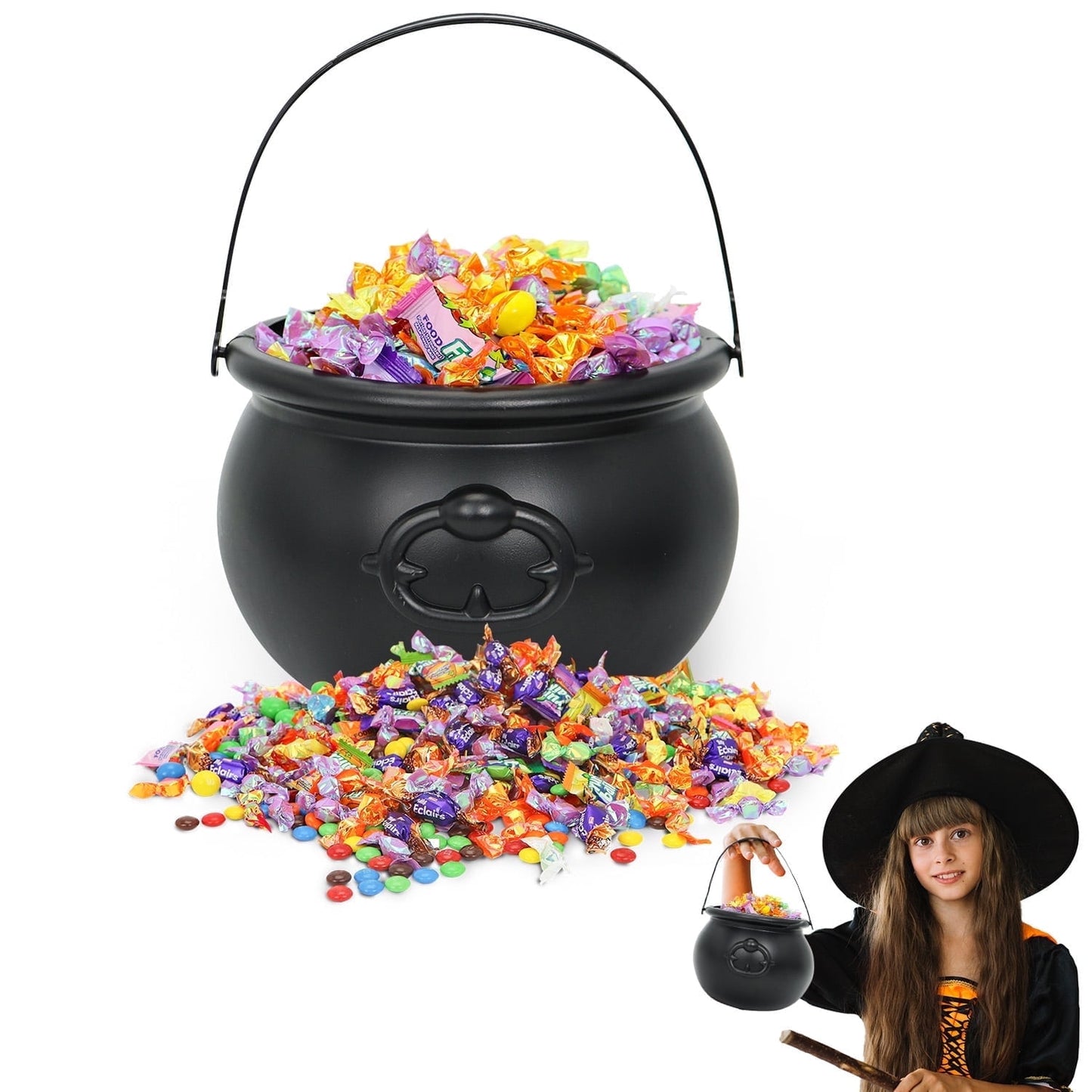 Joyfy 1 Pack Halloween Cauldron with Handle,Large Halloween Candy Bucket Basket Candy Bowl Halloween Bucket Plastic Cauldron Trick or Treat Bucket