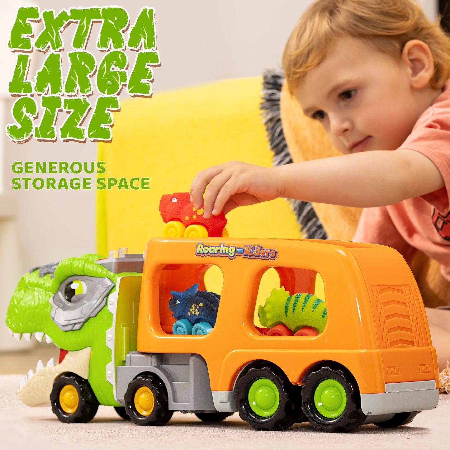 Dinosaur Truck Toys, Carrier Truck Toys with 6 Rubber Car Vehicles, Birthday Gift for Kids Toddlers 2 3 4 5 6 Years Old