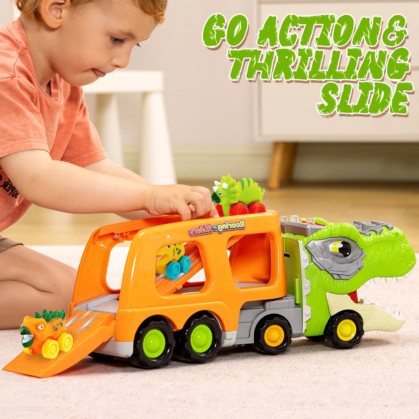 Dinosaur Truck Toys, Carrier Truck Toys with 6 Rubber Car Vehicles, Birthday Gift for Kids Toddlers 2 3 4 5 6 Years Old