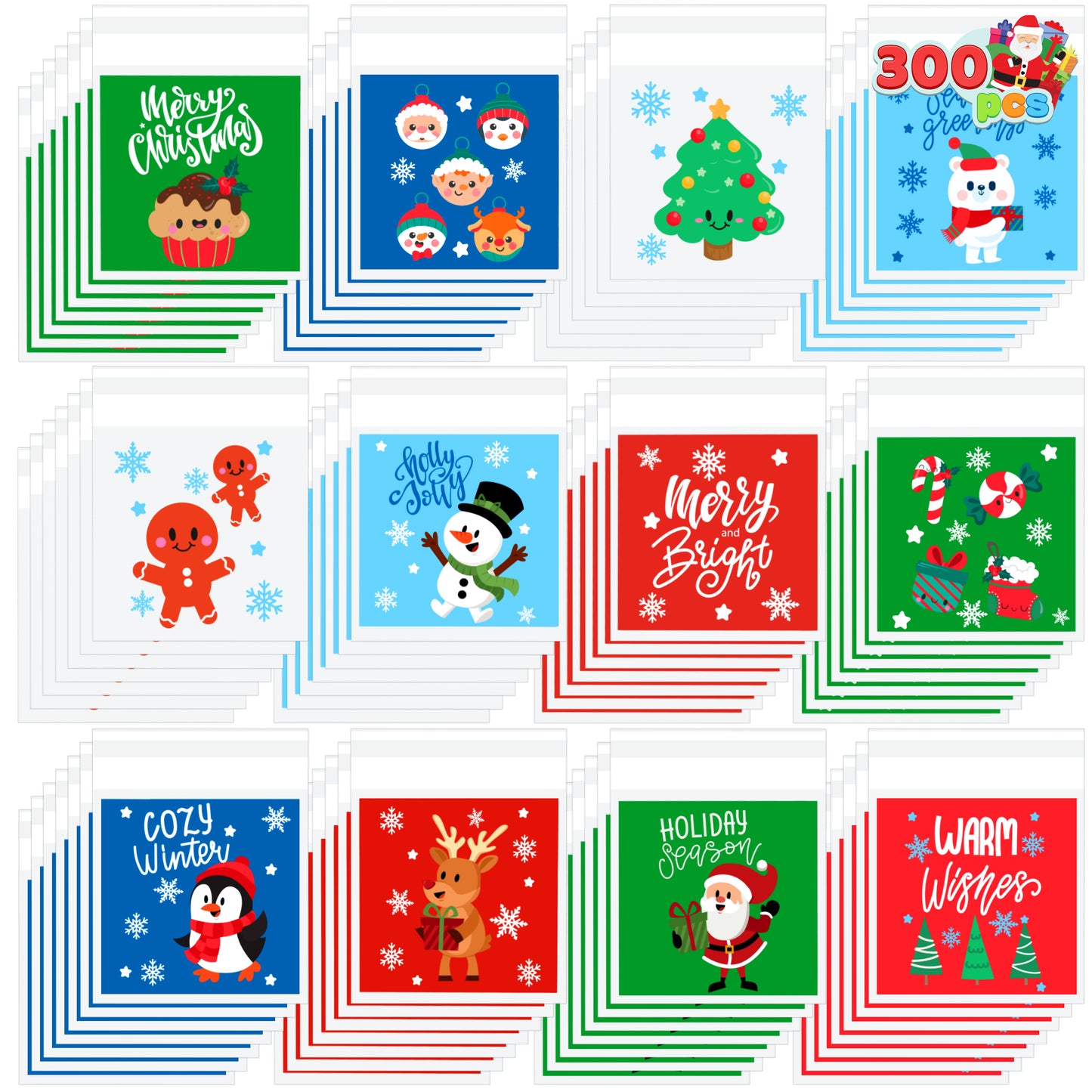 Joyfy 300 Pcs Christmas Cookie Bags Self-adhesive Candy Bags Plastic Cellophane Treat Bags for Holiday Treats, Christmas Party Favors Supplies, Cute Christmas Cello Gift Bags, Xmas Goodie Bags