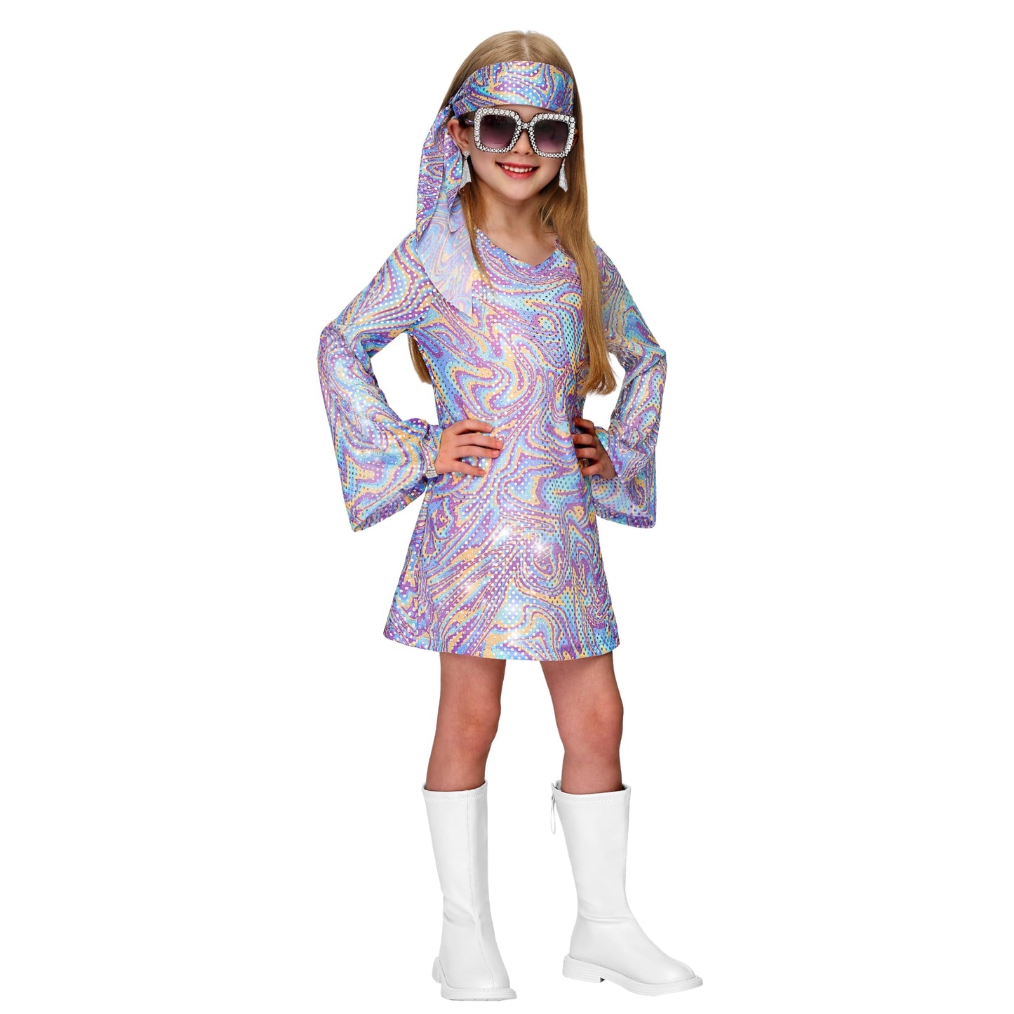 Joyfy 70s Costumes for Girls, Kids Halloween Disco Dress with 70s Accessories for Halloween Costumes Cosplay and Dance Parties