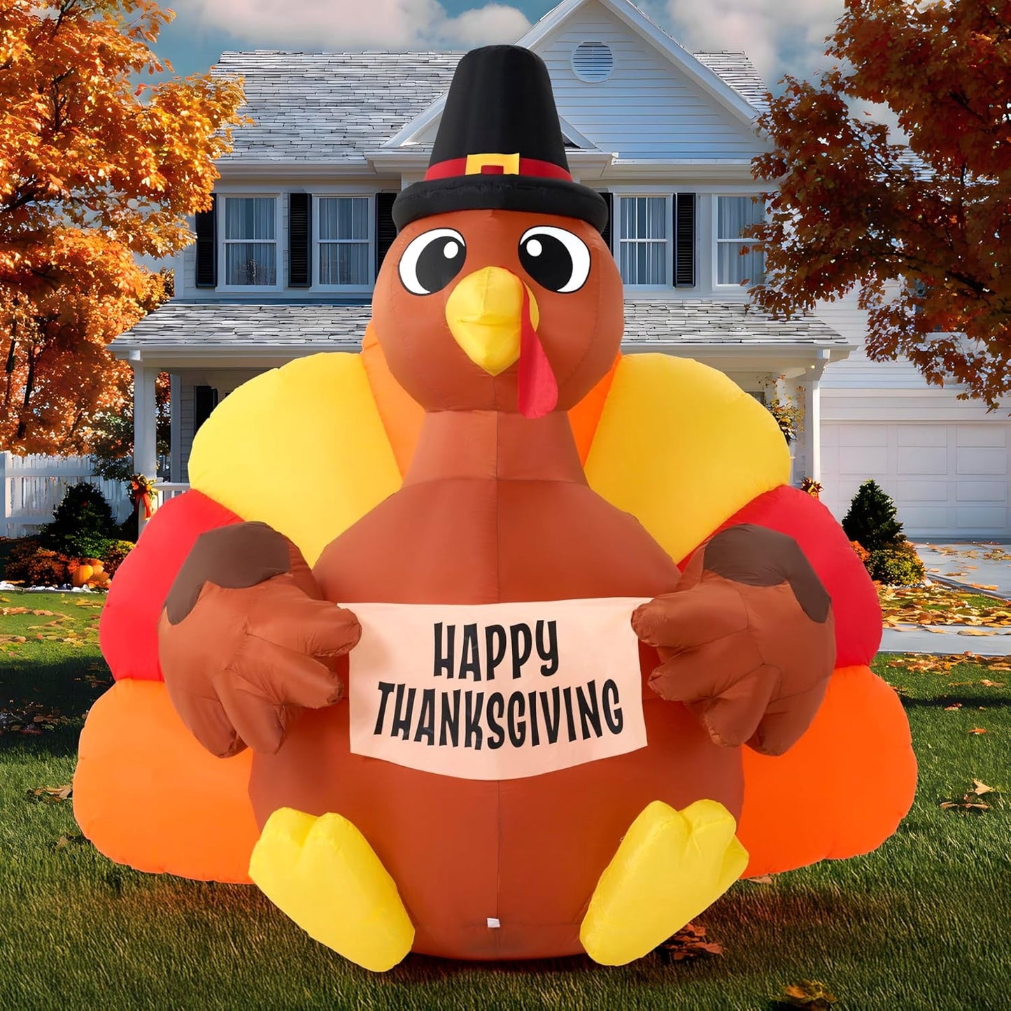 Joyfy 6FT Thanksgiving Inflatable Turkey with Pilgrim Hat and LED , Perfect for Thanksgiving Yard Inflatable Decorations