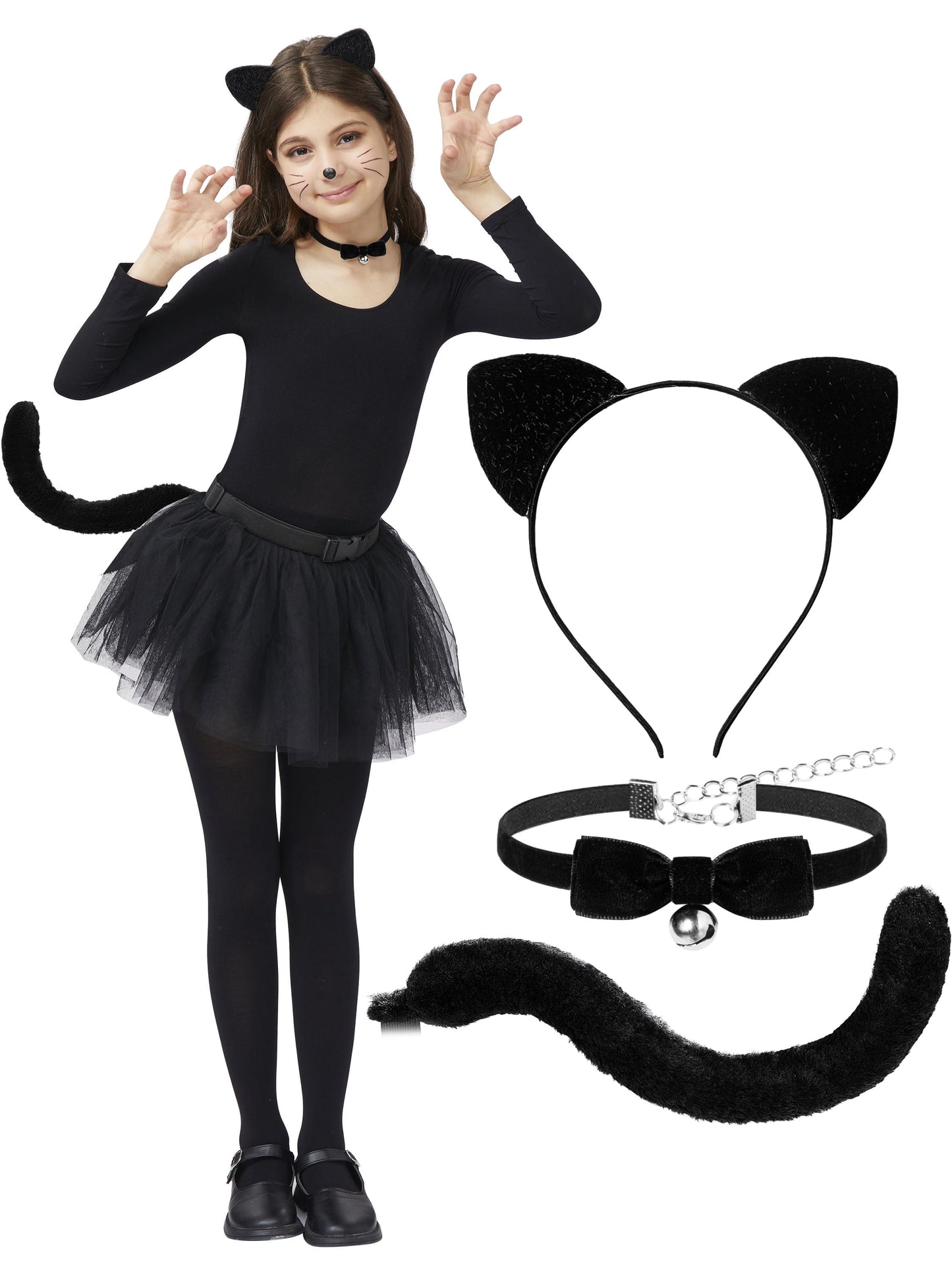 Joyfy 3 Pcs Black Cat Costume Accessory Set for Adults and Kids, Cat Ears Headband with Bow Tie, Tail, Halloween Animal Costume Accessories Set Dress Up Costume