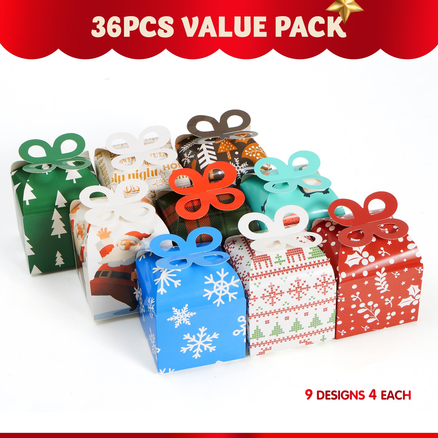SYNCFUN 36 Pcs 3D Christmas Goodie Gift Boxes with Bow for Xmas Holiday Wedding Decoration Candy Cookie Boxes, Kids School Classrooms Party Favor Supplies