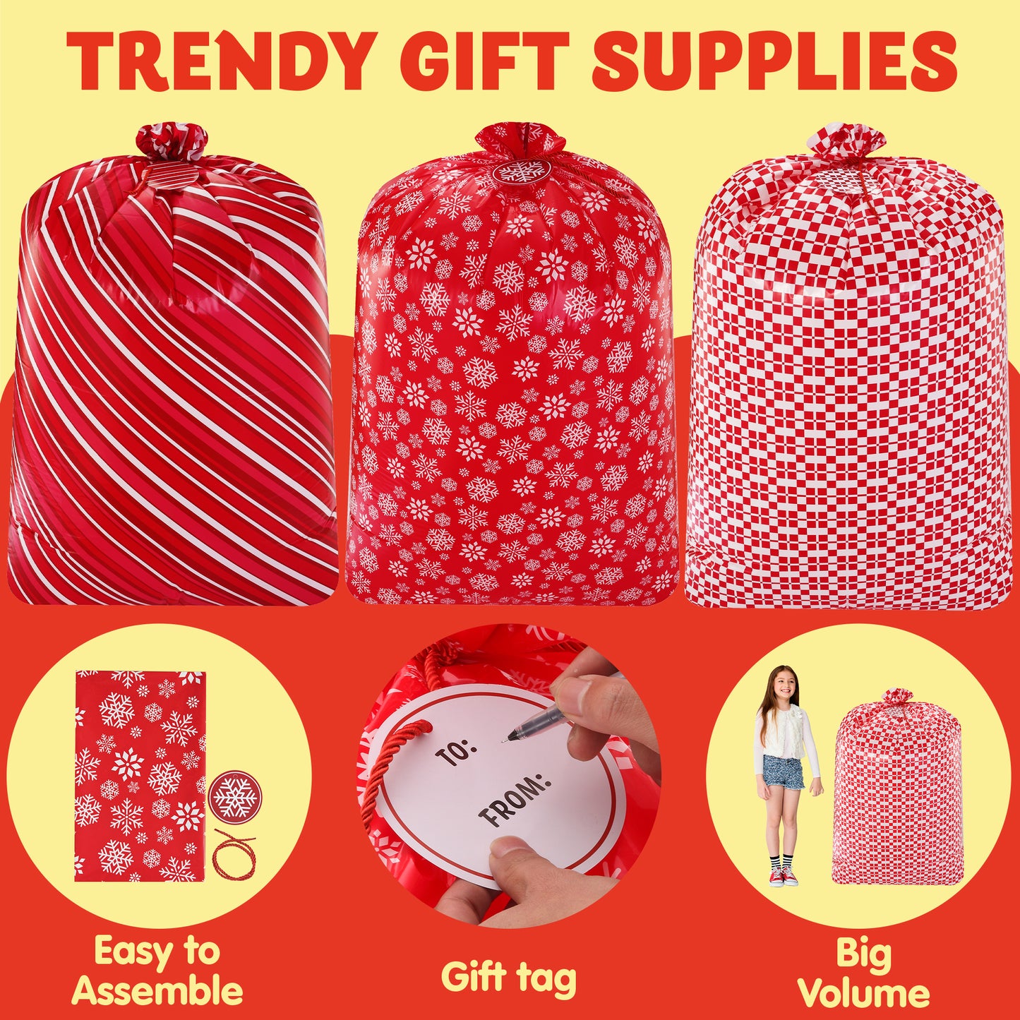 Joyfy 3 Pcs Jumbo Christmas Gift Bags, 56”x36” Red Xmas Large Plastic Gift Bags with Tags for Santa Parties Supplies, Gift Wrapping
