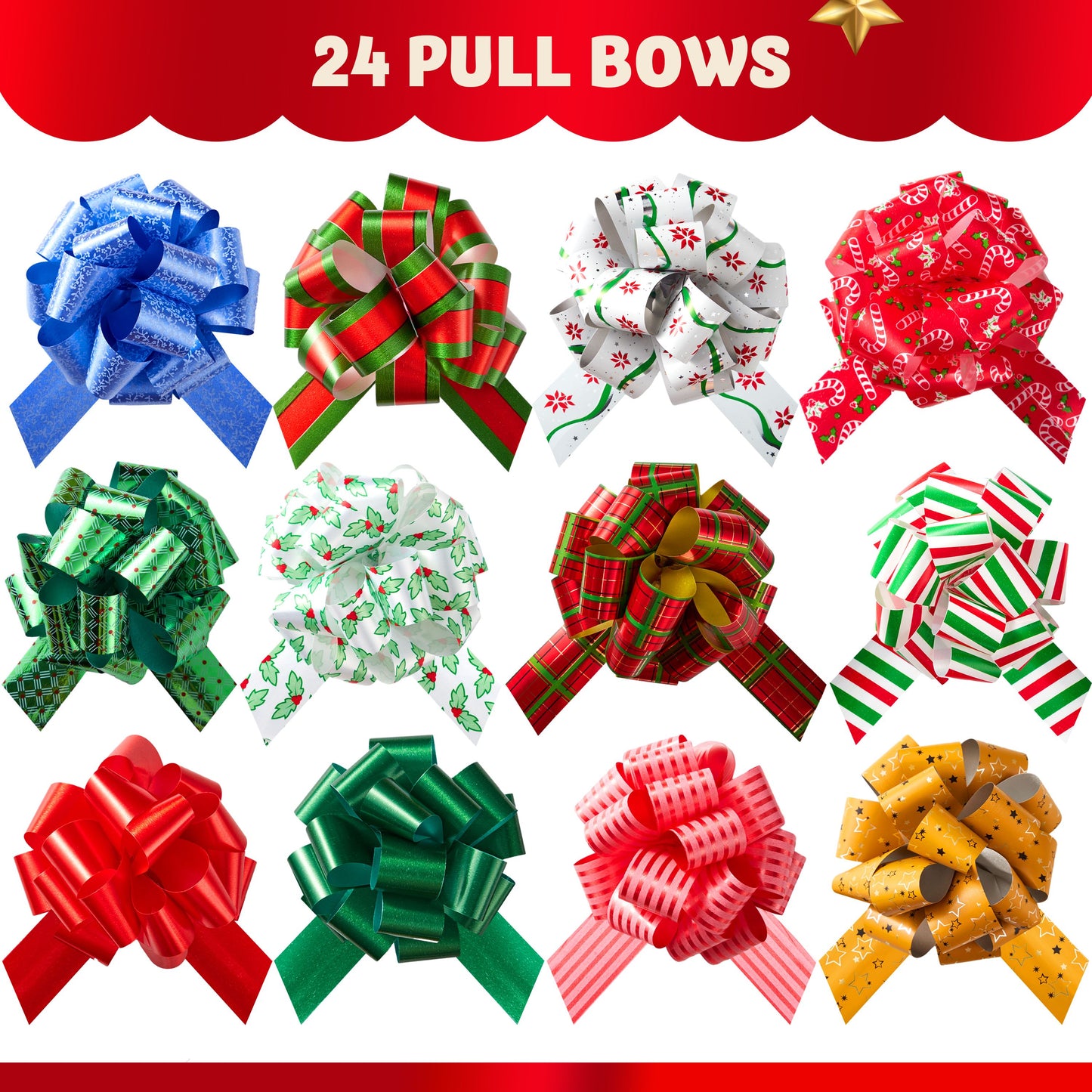 Joyfy 24 Pcs Christmas Pull Bows Present Wrap Ribbon(4.7" Wide), Easy and Fast Gift Wrapping Accessory for presents, Bows, Baskets, Wine Bottles Decoration, Gift Wrapping and Decoration Present