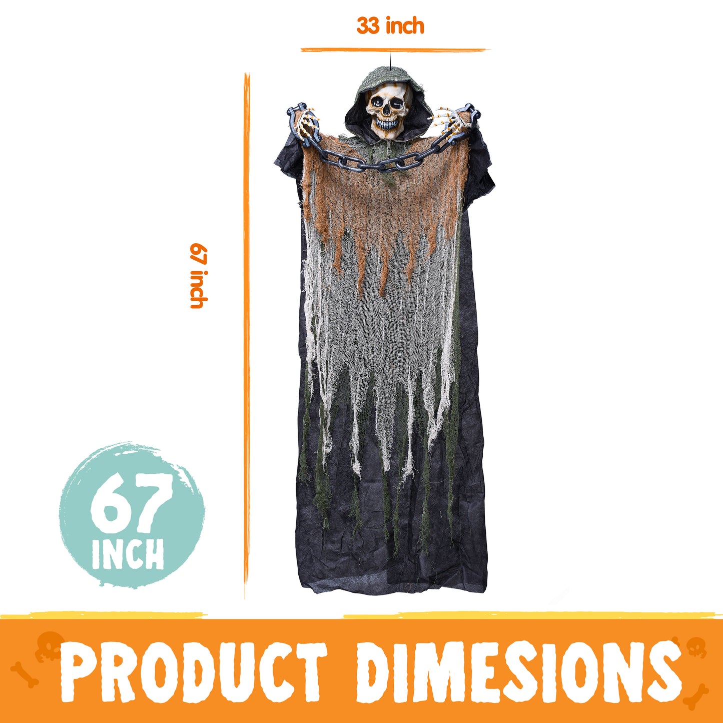 Syncfun 67 Inch Halloween Hanging Ghosts,Scary Lighted Eyes Animated Grim Reapers with Chain Decorations for Halloween Hanging Decorations Indoor Outdoor Yard Home Decorations