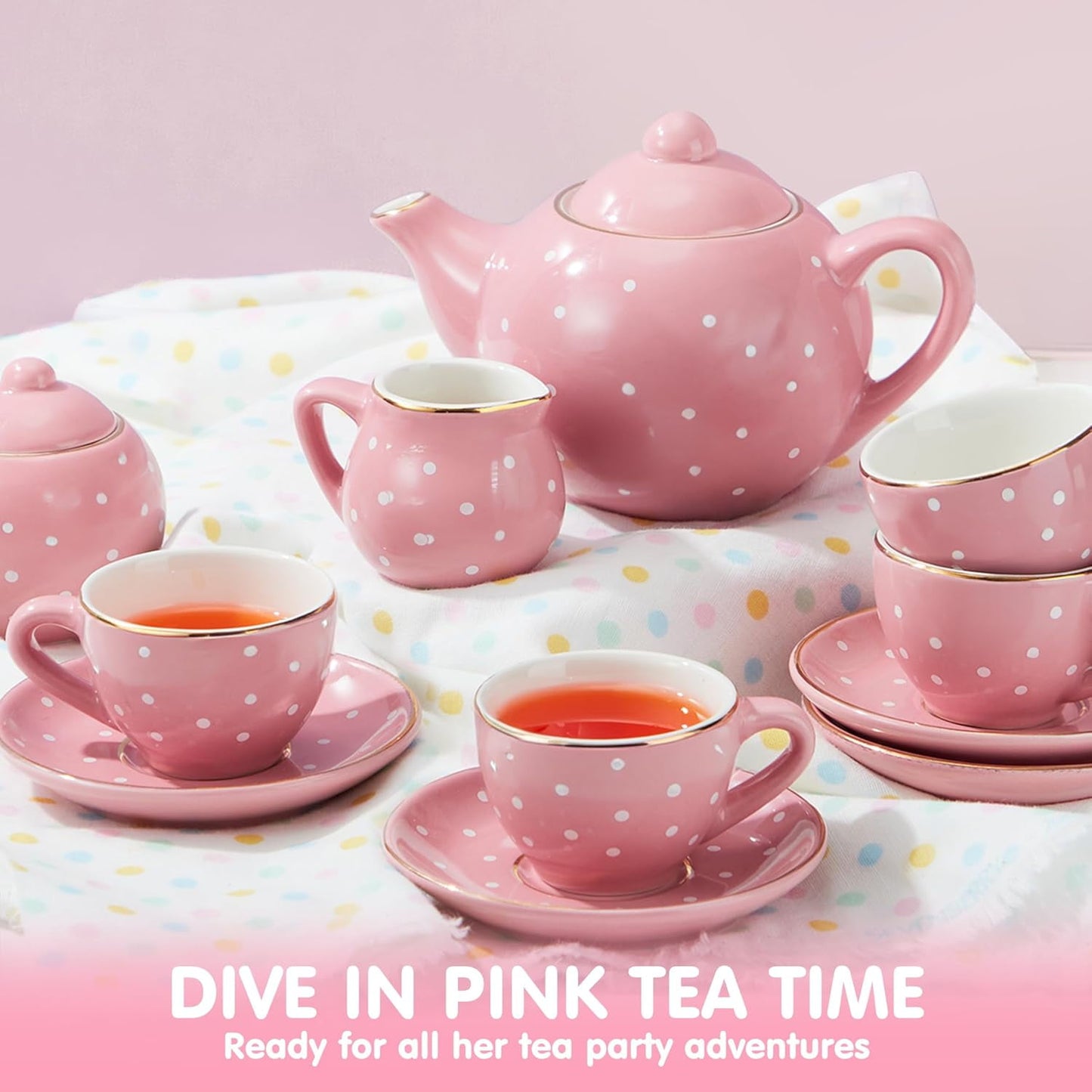 Porcelain Tea Set for Girls, 13 PCS Pink Childs Tea Party Set, Pretend Play Toys with Teapot, Cups, Saucers & Carrying Case, Ideal for Toddlers Kids Christmas Birthday Gifts Ages 3 4 5