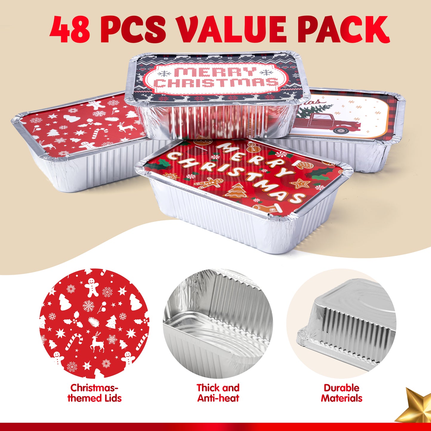 SYNCFUN 48 Pcs Christmas Foil Containers with Lid, Aluminum Foil Pans with Lids, 7"x5"x2" Disposable Foil Pans with Covers, Food Containers Great for Baking, Cooking, Heating, Storing, Prepping Food