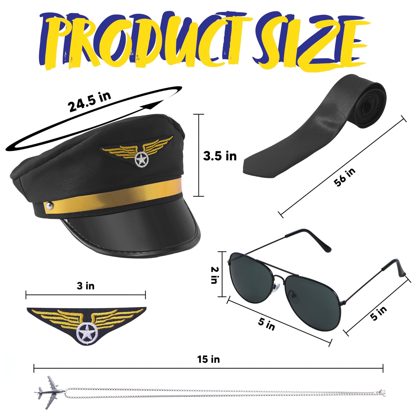 Joyfy 5 Pcs Halloween Pilot Captain Costume Accessories Set with Aviator Sunglasses,Tie,Pilot Hat,Wings Patch and Necklace,Cosplay Accessories for Kids and Adults Dress Up