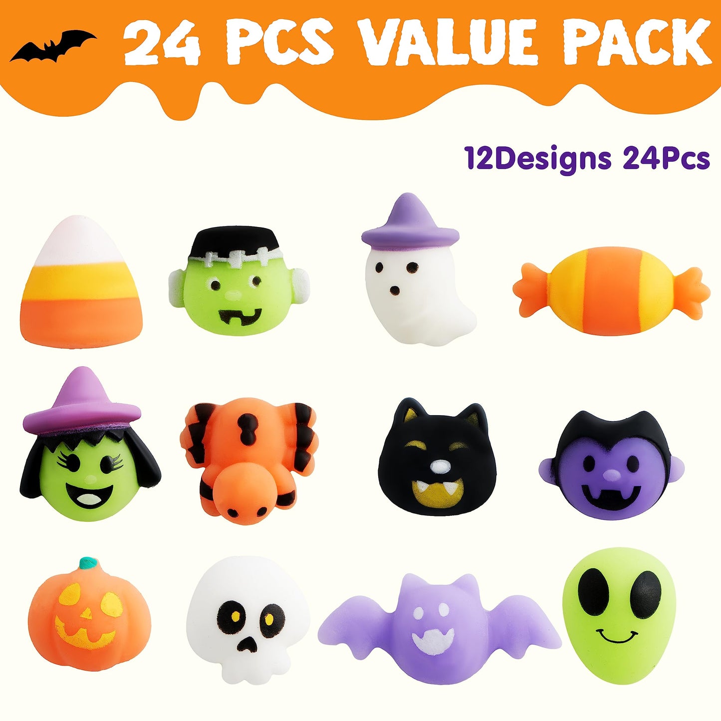 Joyfy 24 Pcs Halloween Mochi Squishy Toys,Squishy Toys for Kids,Halloween Classroom Favors Prizes Party Favors,Claw Machine Filler for Kids,Stress Relief Toys