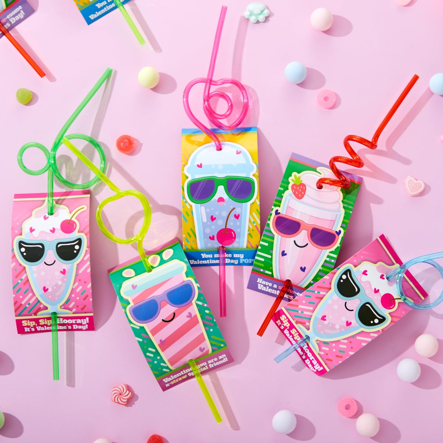 32 Packs Valentines Day Cards with Colorful Crazy Loop Reusable Drinking Straws for Kids, Valentines School Class Exchange Cards for Girls Boys, Valentines Party Favors