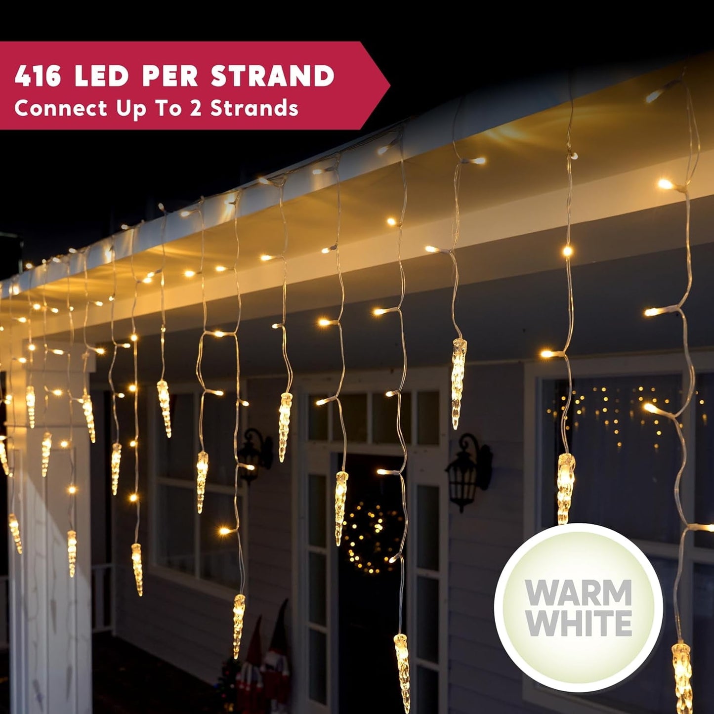Syncfun 416 LED Christmas Icicle Lights Outdoor Christmas Decor,47.2 FT 8 Modes Warm White Christmas Lights Icicle Lights Indoor for Home Decoration Holiday Eaves Yard Party Indoor