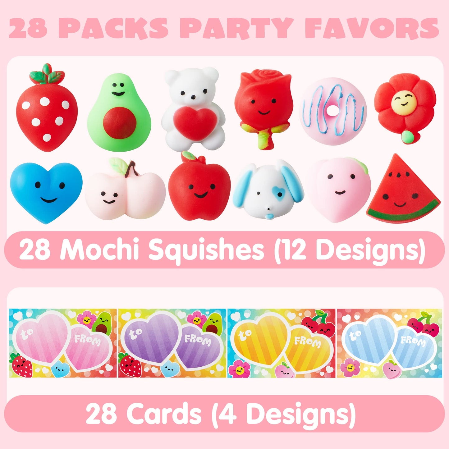 28 Packs Valentines Day Gift Cards with Mochi Squishy Toys, Stress Relief Fidget Toys for Kids Valentine Classroom Favors