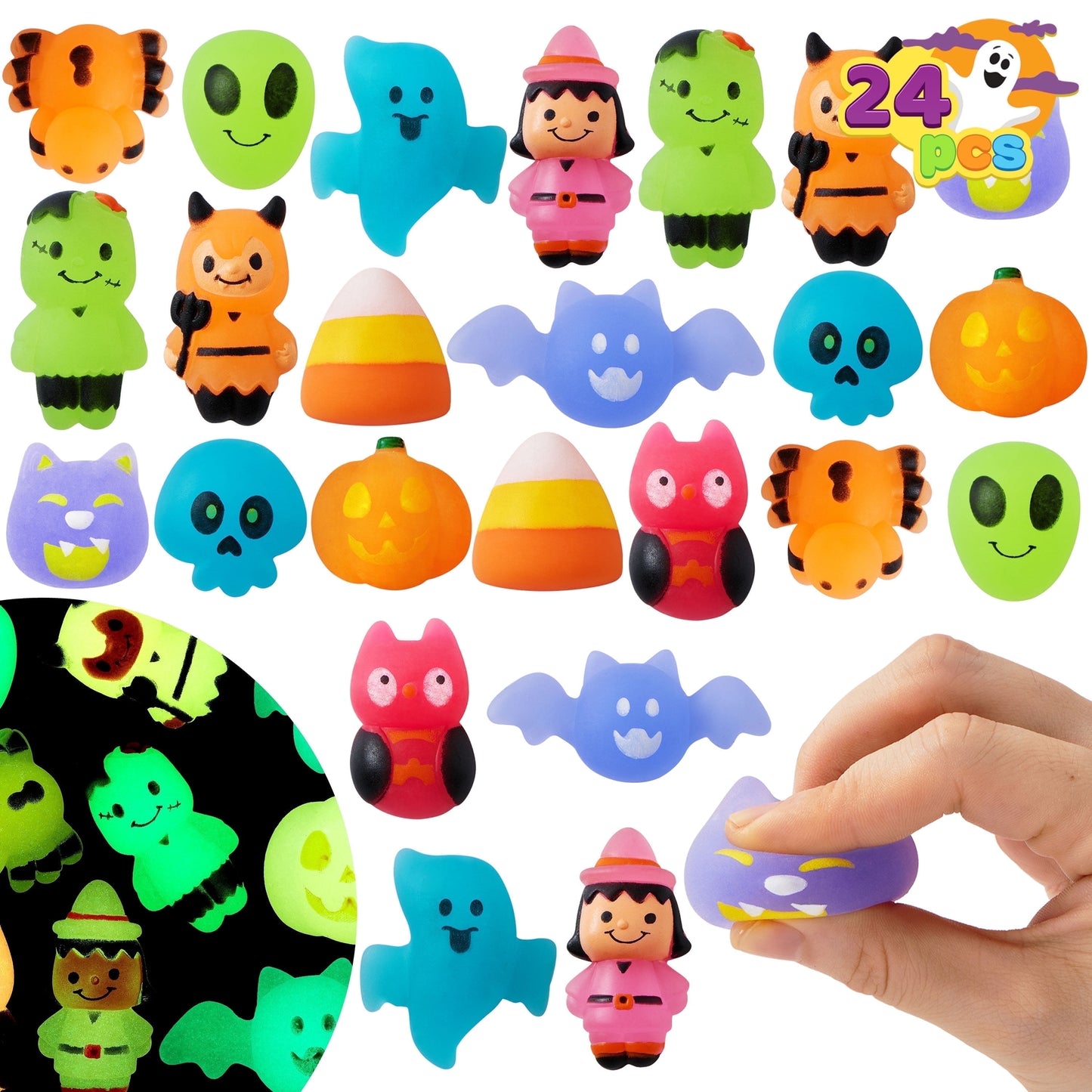 Joyfy 24 Pcs Halloween Mochi Squishy Toys,Glow in The Dark Squishy Toys for Kids,Halloween Classroom Favors Prizes Party Favors,Claw Machine Filler for Kids,Stress Relief Toys