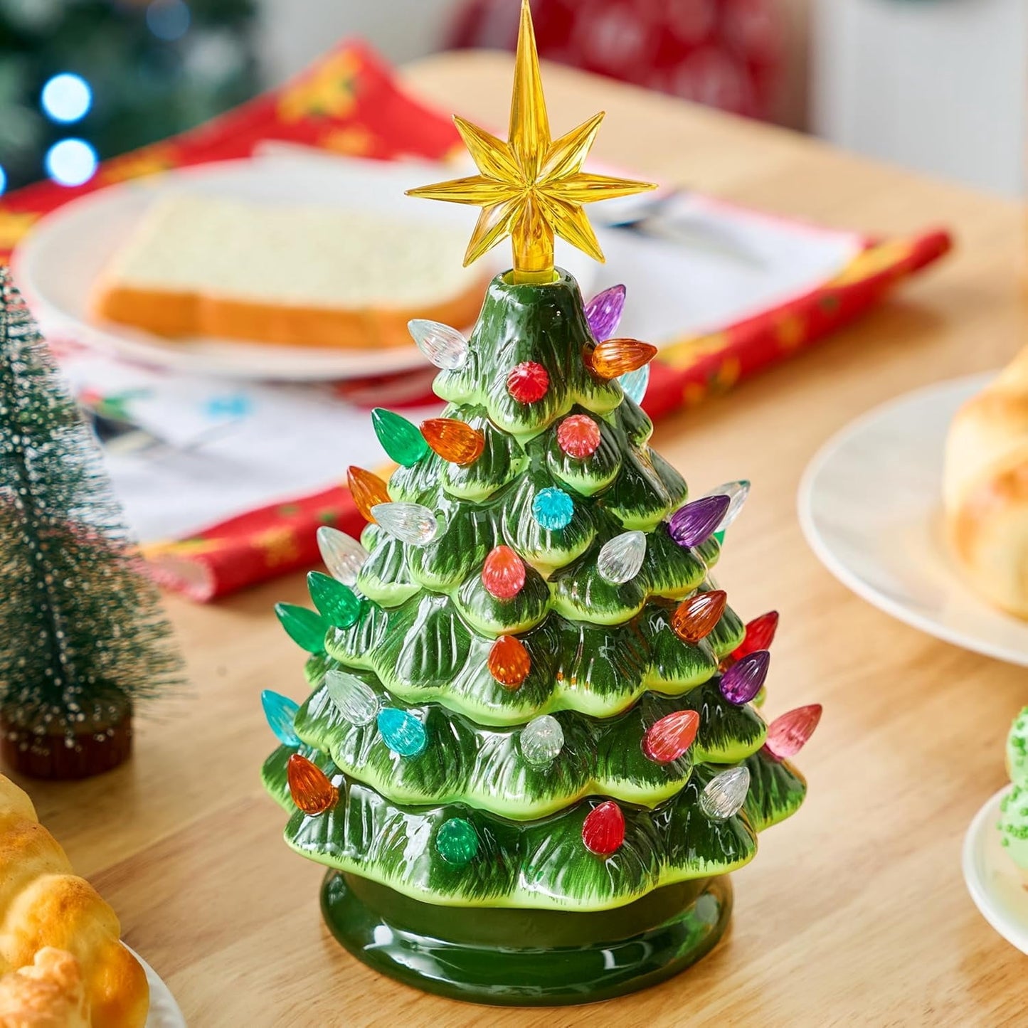 Joyfy 9.5 Inch Ceramic Christmas Trees with Multicolored LED Lights and Star Topper, Pre-Lit Hand-Painted Ceramic Tabletop Christmas Trees