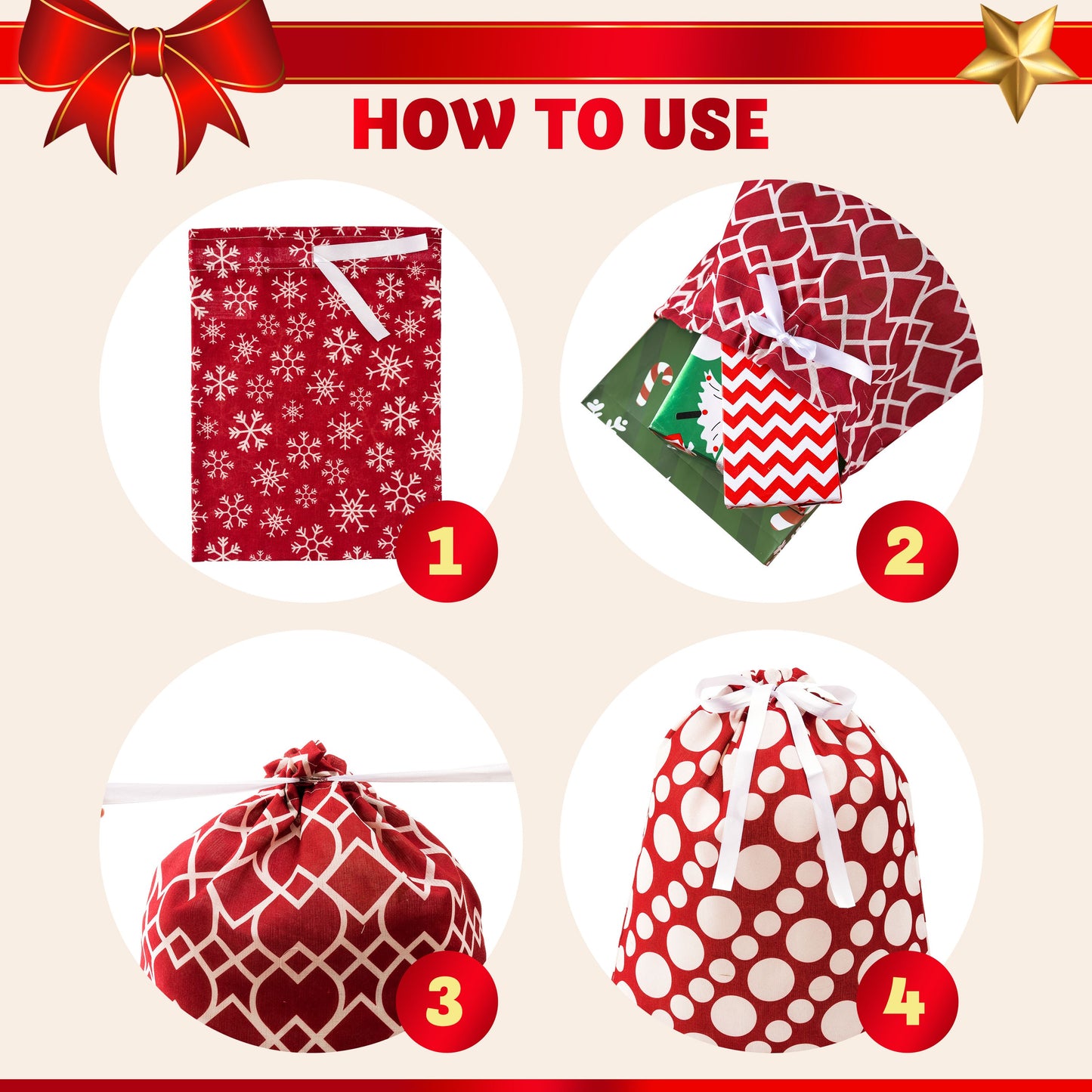 Joyfy Christmas Drawstring Gift Bags, 6Pcs Santa Sack Large Medium Small Sized Gift Wrapping Bag Set Xmas Party Supply Giant Gifts Decorations