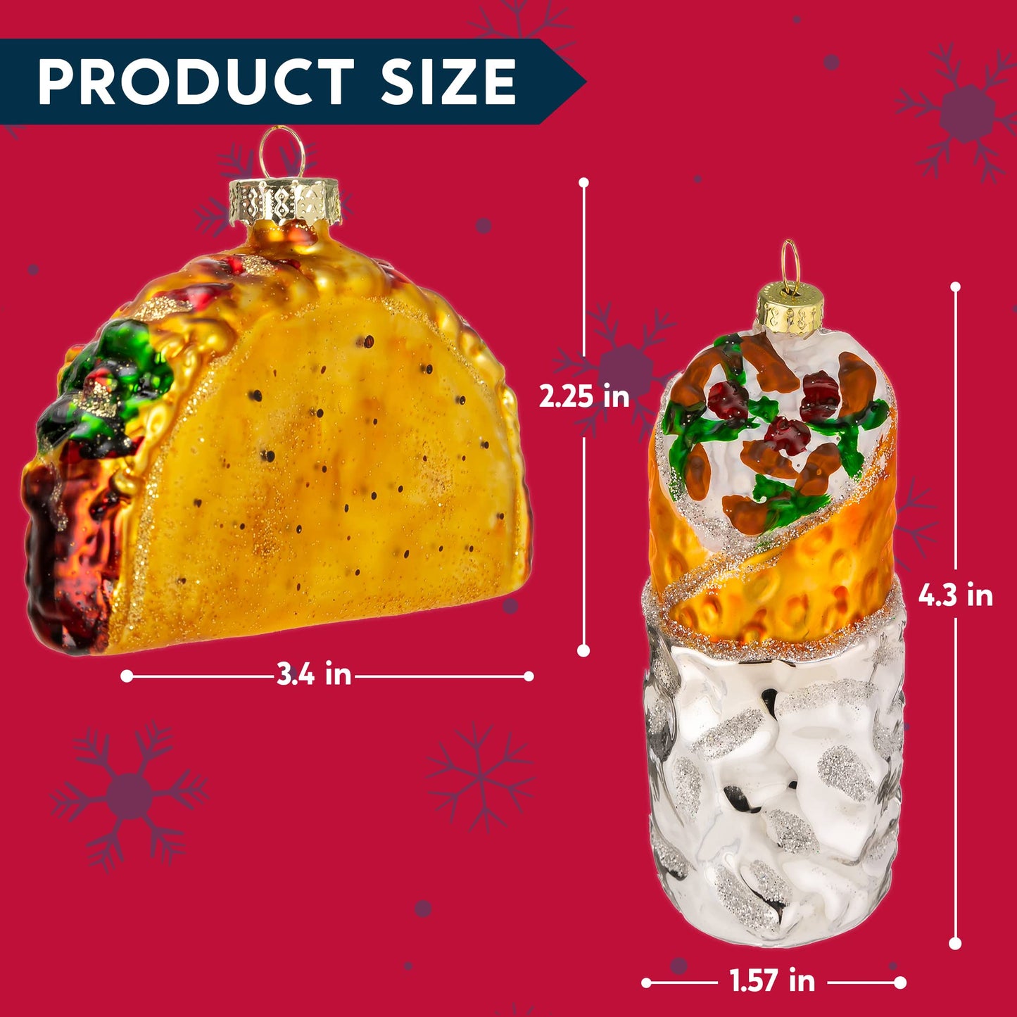 SYNCFUN Christmas Glass Blown Ornament Taco and Burrito Set Handcrafted Hanging Christmas Tree Decoration for Xmas Gift Holiday Party Favor Indoor Decoration