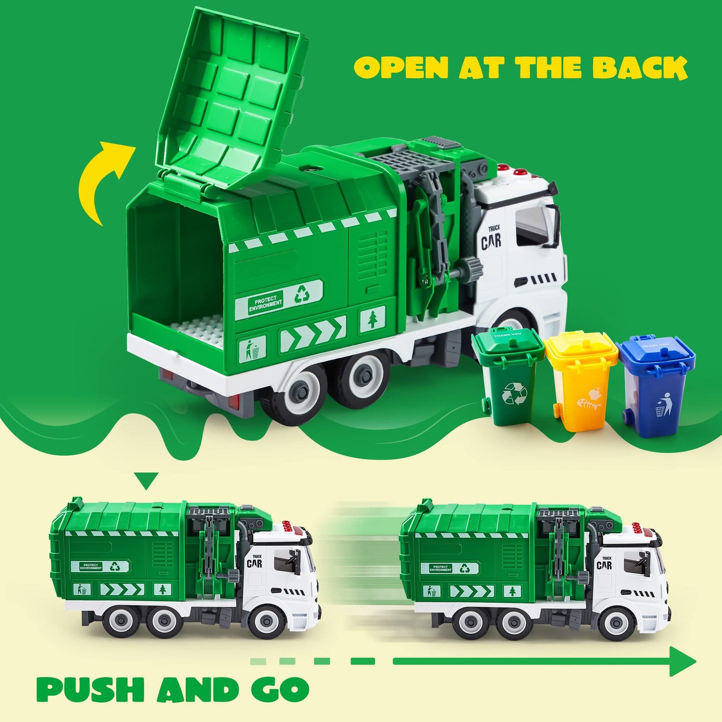 JOYIN Recycling Garbage Truck Toy for Boys, Assembly Friction Powered Side-Dump Garbage Toy with Light and Sounds. Play Car Vehicles for Kids Toddlers