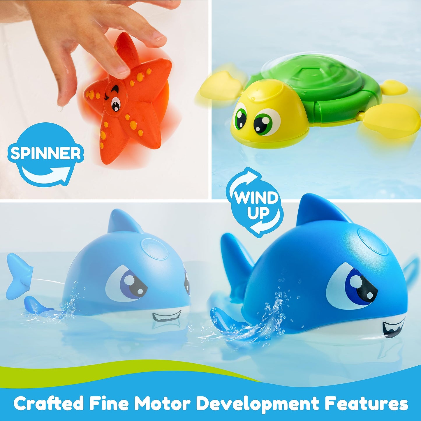 JOYIN Baby Bath Toy Set - Magnetic Fishing Toy with Fishing Rod, Wind-up Shark and Turtle, Mold-Free Soft Puffer & Clown Fish, Spinning Octopus and Starfish - Sensory Development for Infants & Toddler